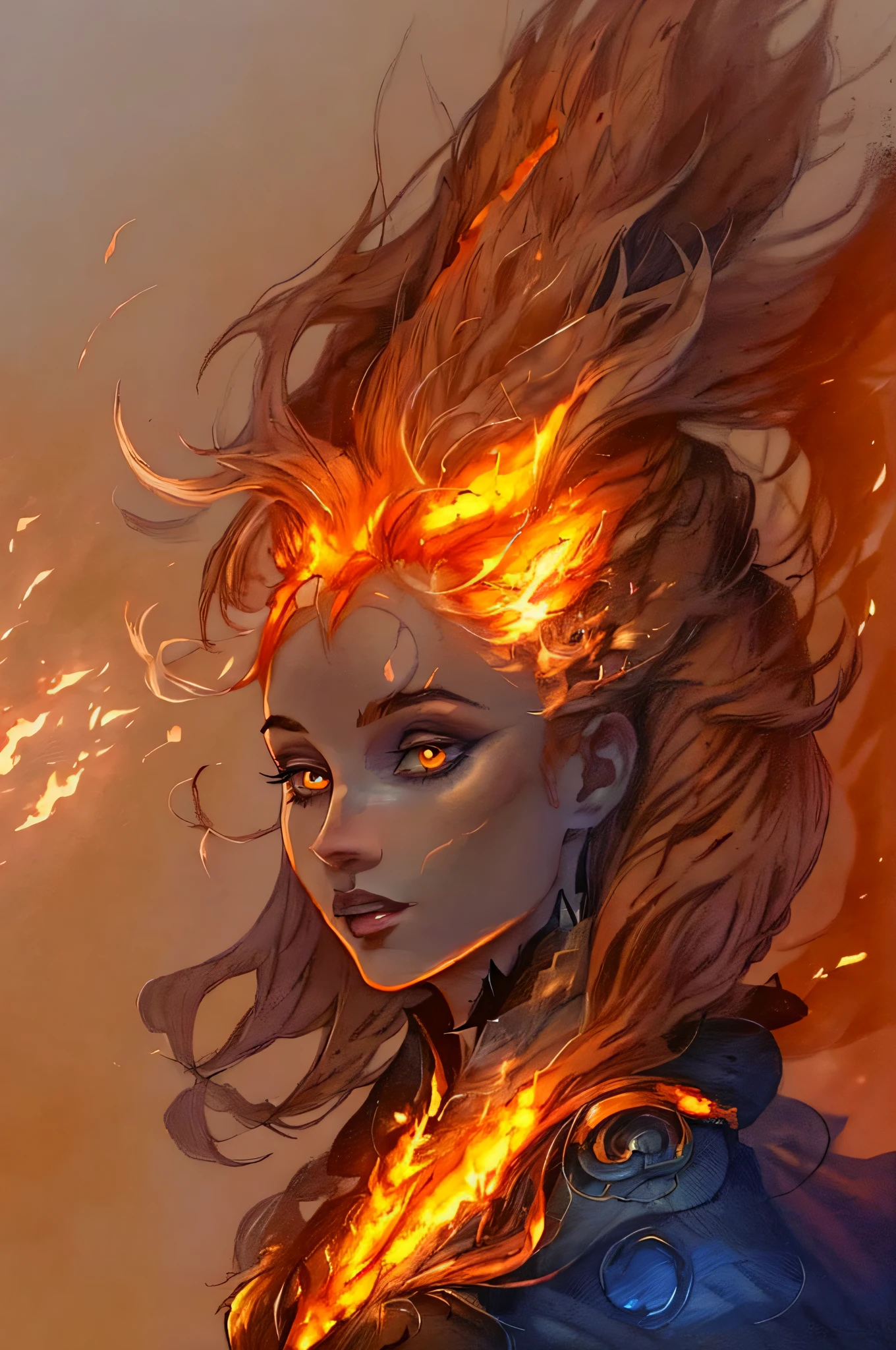 there is a woman with a fire on her head, fire hair, hair made of fire, stunning digital illustration, gorgeous digital painting, fantasy art portrait, flaming hair, orange glowing hair, her hair is made out of fire, beautiful fantasy art portrait, beautiful digital illustration, fantasy portrait art, orange skin and long fiery hair, beautiful digital painting, fantasy concept art portrait