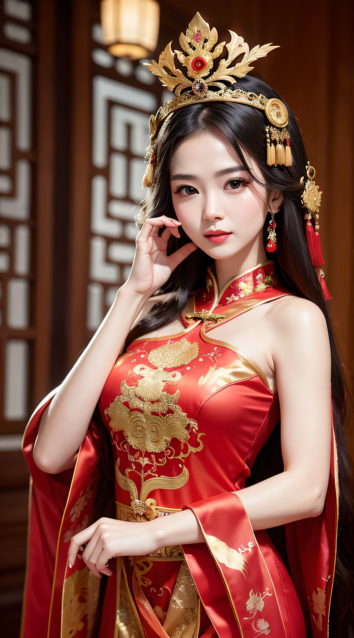 (8k, RAW Photo, Best Quality, Masterpiece: 1.2), (Realistic, Realistic: 1.37), 1 Girl, Aalfi Woman Posing for Photo in Red Dress and Headdress, Gorgeous Role Play, Beautiful Costume, Complex Fantasy Dress, Beautiful Fantasy Queen, Chinese Dress, Complex Dress, Complex Costume, Traditional Beauty, Gorgeous Chinese Model, Chinese Costume, Inspired by Lan Ying, Wearing Gorgeous Costume, Inspired by Puhua, wearing elegant Chinese Xiuhe dress, Chinese wedding dress, Phoenix crown Xia hand, antique bride