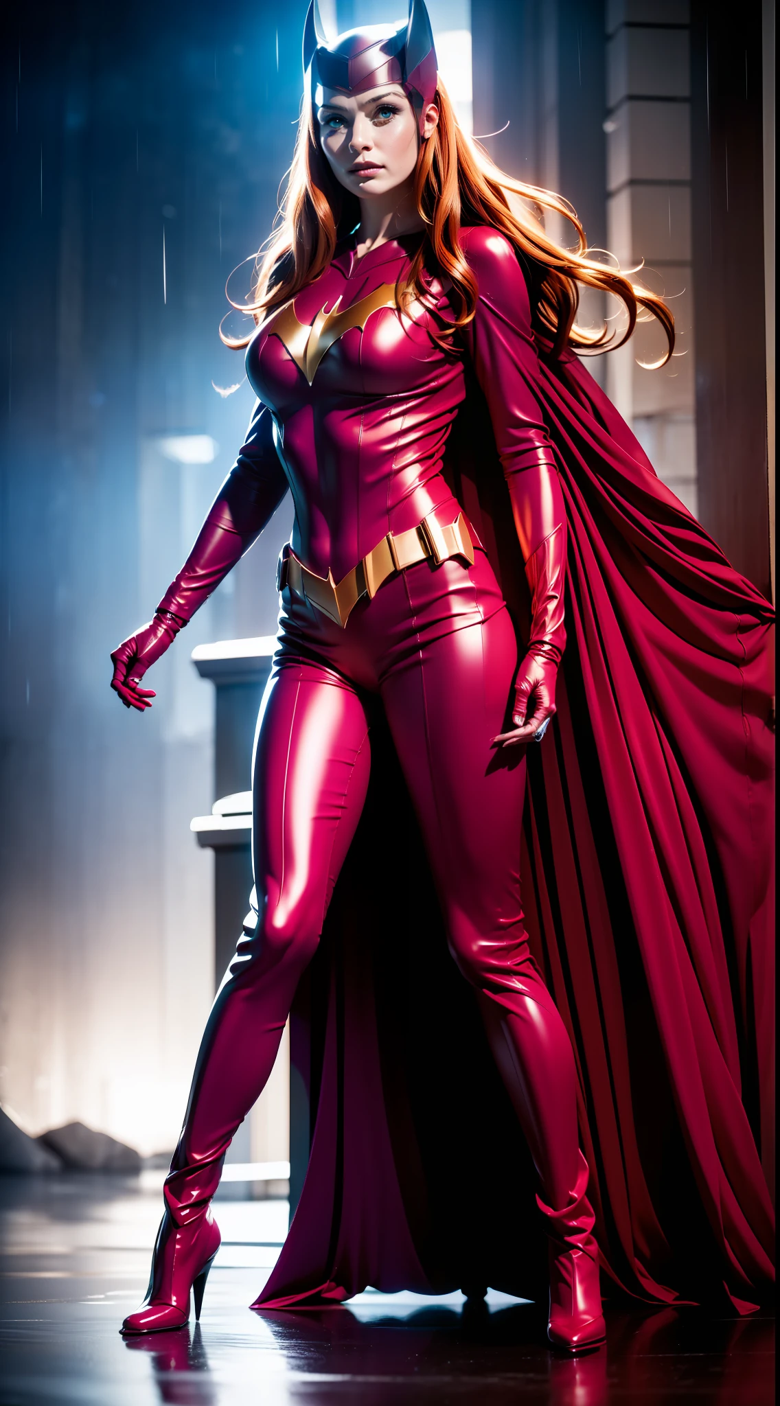 beautiful woman, scarlet witch and batgirl fusion outfit, sexy, cover, rain, realistic, full body photo, prominent figure, photo (Masterpiece) (Best quality) (detail) (8K) (HD) (Wallpaper) (cinematic lightining) (Crisp focus) (Intricate), best quality, Ultra high resolution, photorealistic, full body portrait, incredibly beautiful, dynamic poses, detailed skin texture, highly detailed skin, detailed face,  Beautiful legs, big tits, powerful.