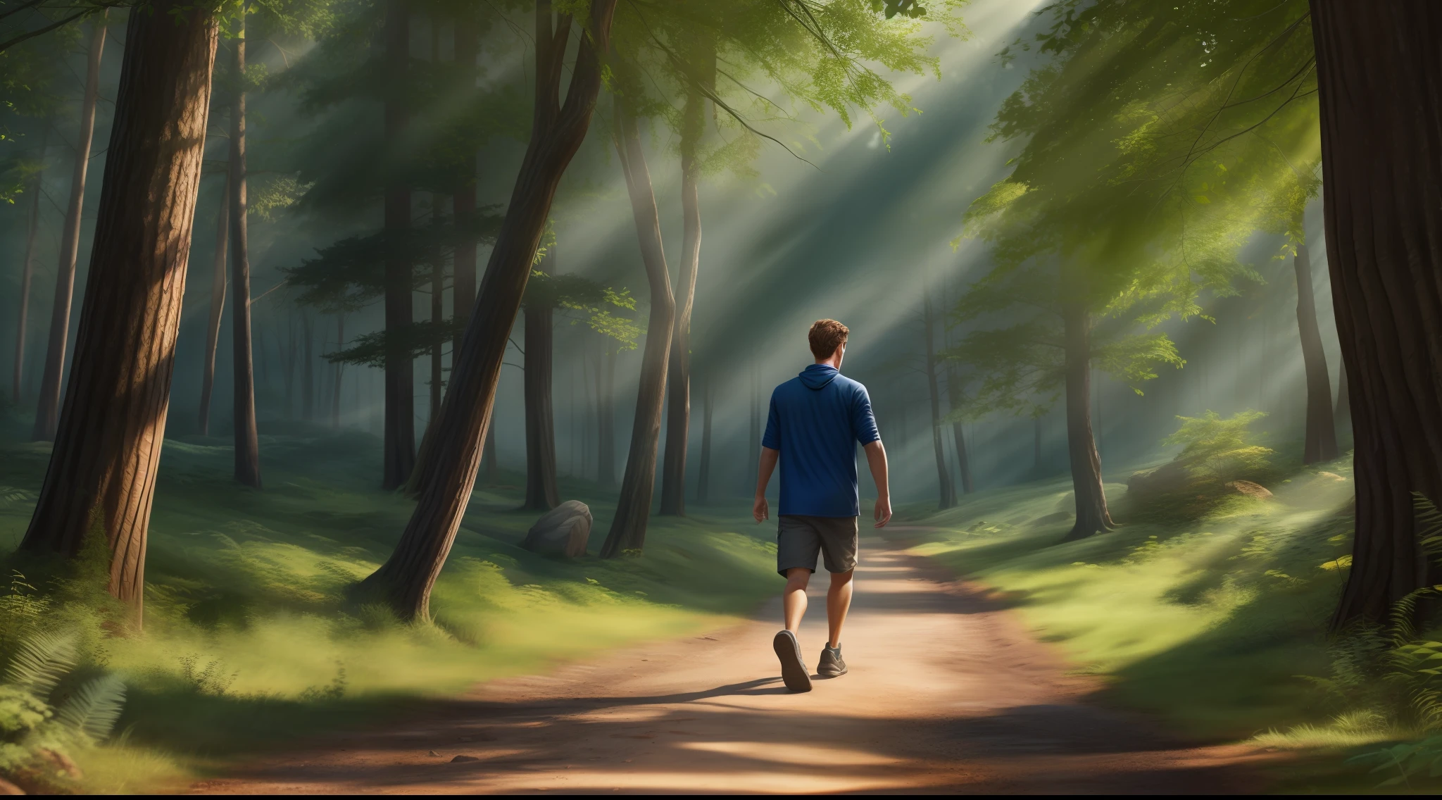 Drawing, ultra realistic, 8k, extremely detailed, in the best quality, man, young, walking through a forest.