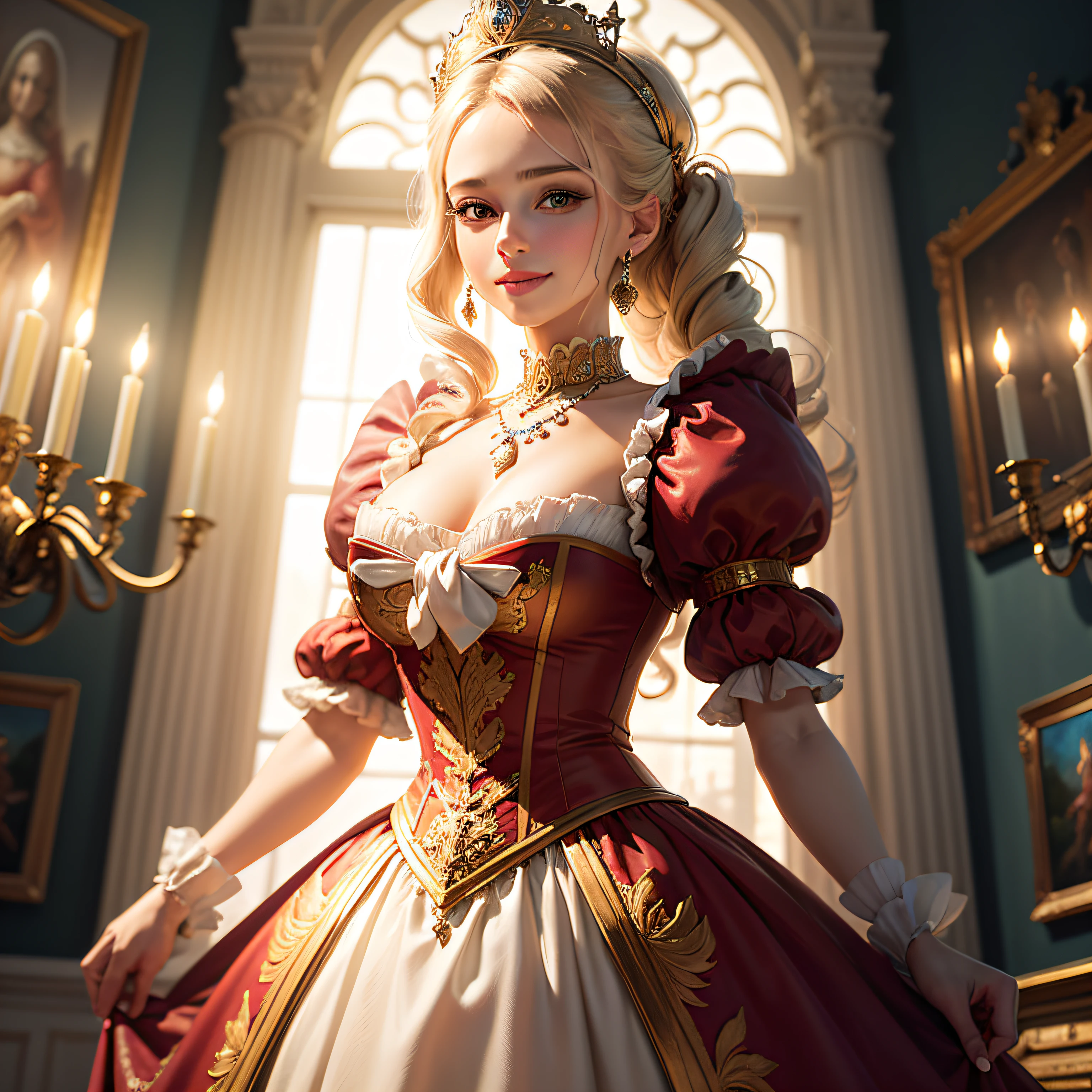 (masterpiece, best quality, beautiful oil painting:1.4), baroque_oil_painting, marie_antoinette, (beautiful perfect face:1.4), rococo_dress, ornate_brocade, panniers, ruffled_collar, silk_gloves, pearl_necklace, feathered_fan, crown, diamond_earrings, intricate_hairstyle, powdered_wig, beauty_spot, delicate_smile, lavish_palace_interior, gilded_furniture, grand_chandelier, opulent_draperies, soft_lighting, regal_aura, classical_music, timeless_elegance, highly detailed, authentic, 8k wallpaper