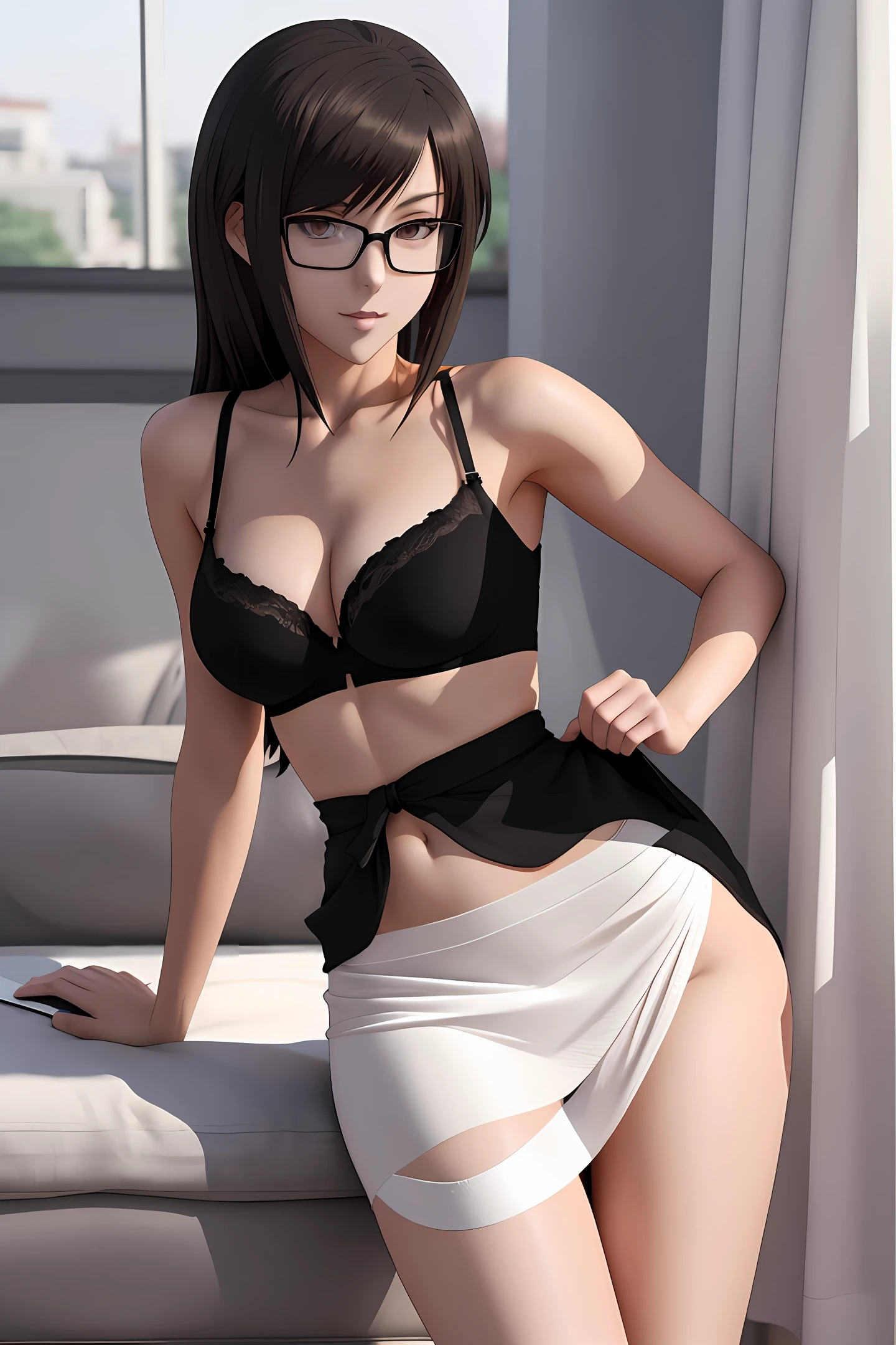 sexy woman in glasses posing in a tight black skirt and bra, very sexy outfit, photorealistic perfect body, seductive anime girl, realistic shaded perfect body, sexy outfit, revealing outfit, sultry body with sexy belly, perfectly shaded body, tight attire, beautiful alluring anime woman, photorealistic anime girl render, intriguing outfit, seductive tifa lockhart portrait, tight outfit