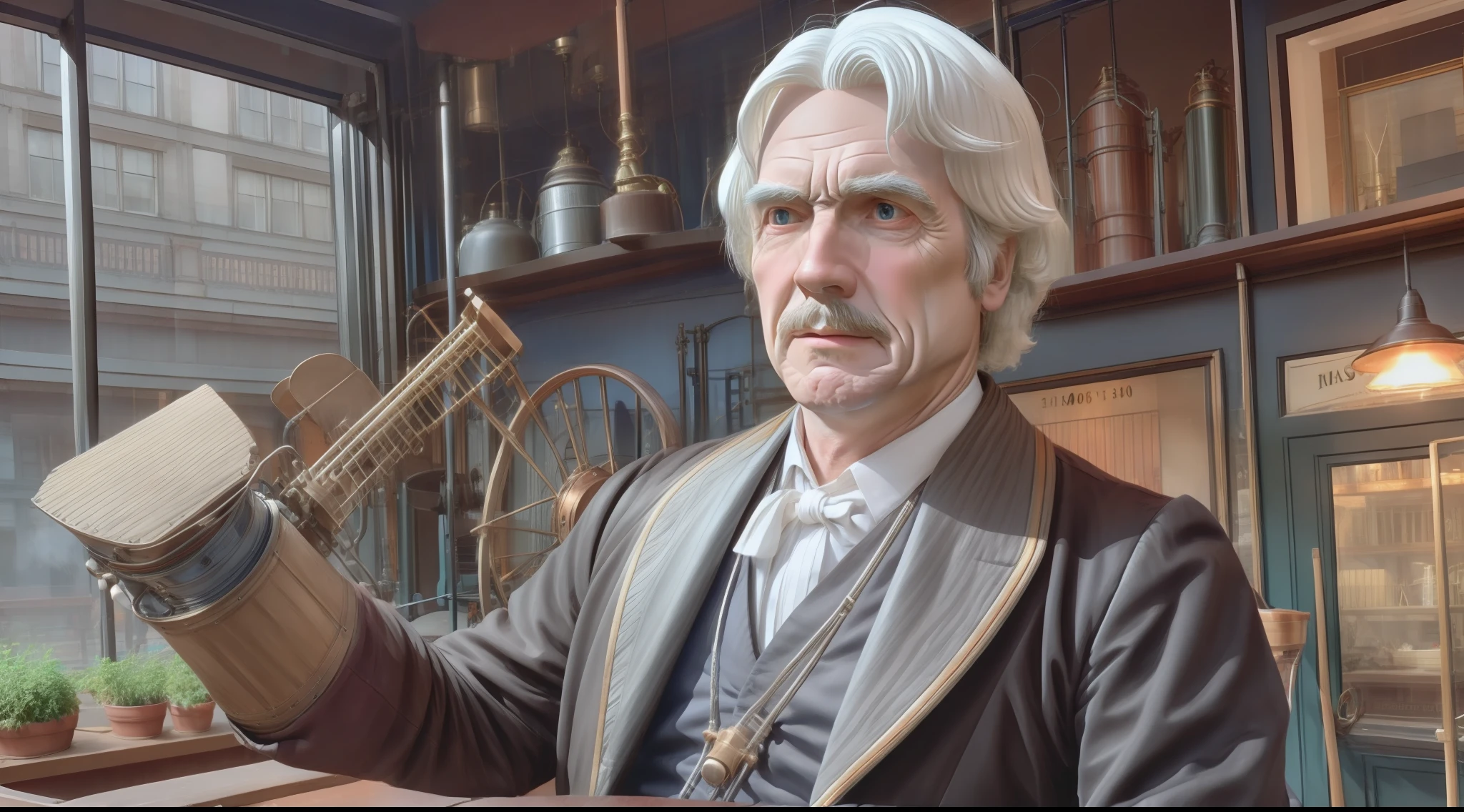 an ultra realistic photo of James Watt, Scottish maker and inventor of instruments such as the steam engine, 50 years old, shoulder length white hair, 1800's period clothing, very intricate, ultra realistic, perfect asymmetrical eyes, well defined face