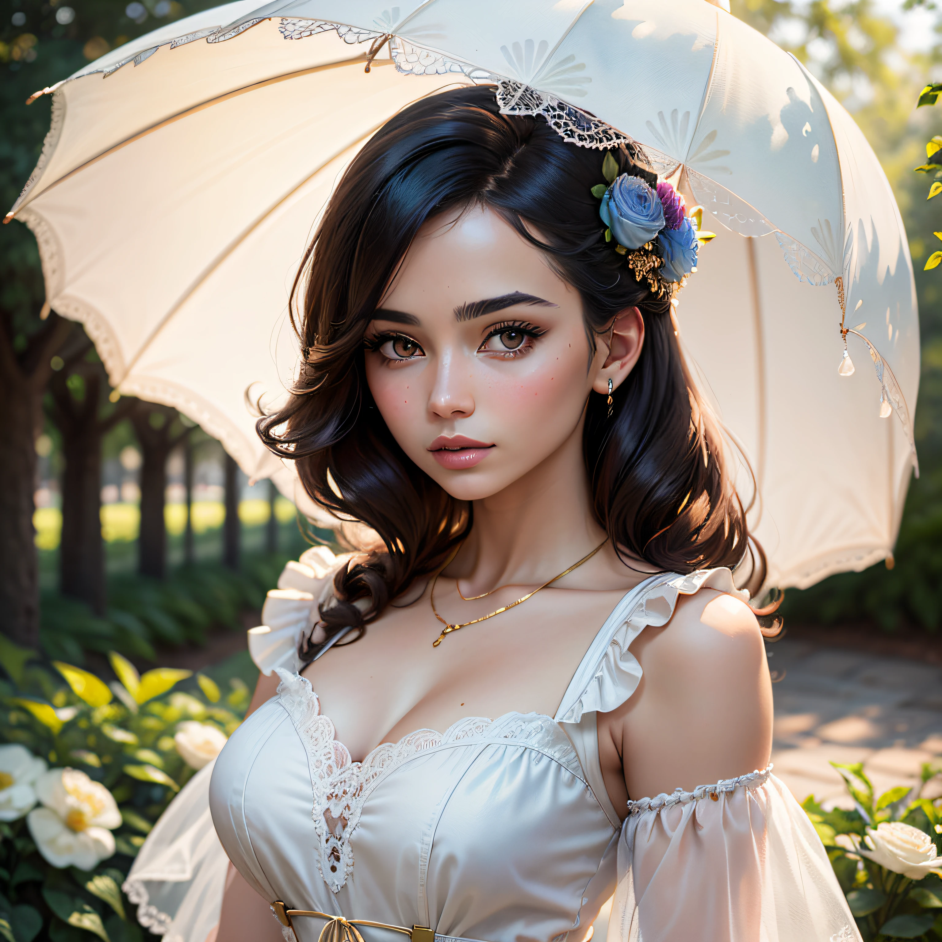 (masterpiece, best quality, beautiful watercolor portrait:1.4), serene_watercolor_portrait, elegant_victorian_lady, parasol, ruffled_blouse, corseted_bodice, bustle_skirt, lace_gloves, wide_brimmed_hat, floral_parasol, cameo_necklace, fan, alabaster_complexion, rosy_cheeks, arched_eyebrows, luscious_lips, lush_garden, blooming_flowers, gilded_iron_fence, sunlit_pathway, gentle_breeze, dappled_sunlight, swaying_grass, birdsong, cinematic light, (sharp focus:1.6), highly detailed, ultra realistic, 8k
