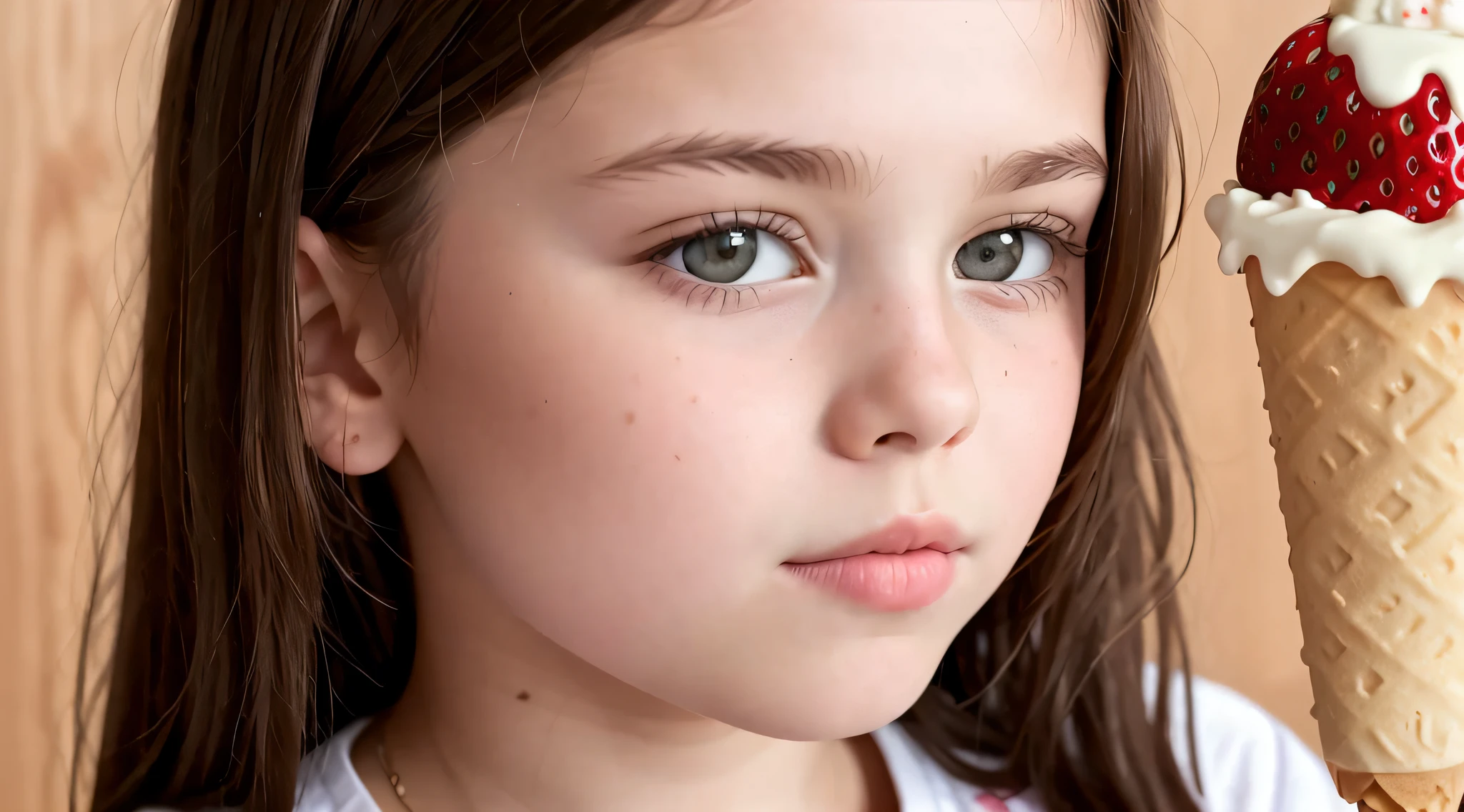  Russian child girl long hair BLONDE, close up, PORTRAIT , a red popsicle with a wooden toothpick sticking out of it, ice cream, strawberry ice cream, lollipop, unknown, ice cream cone, ice cream on the side, pastelle, 1/30, rectangular, sweet, [ colorful, single long toothpick, vanilla, creamy, pulp.