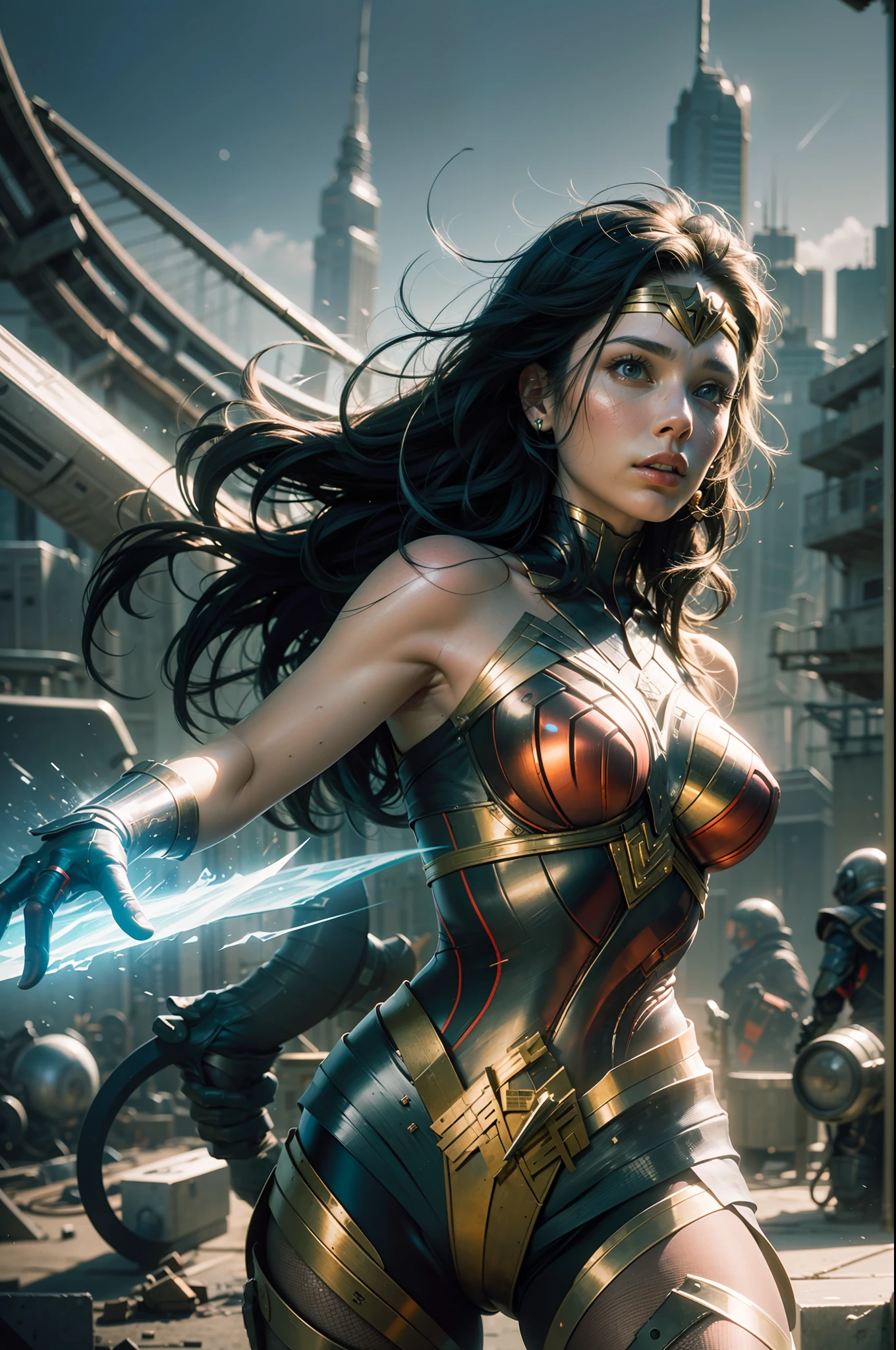 Gal Gadot in Wonder Woman's Blue Yellow and Red Costume, Medium Shot, Futuristic, Sci-Fi, Fantasy, Intricate, Very Beautiful, Elegant, Highly Detailed, Digital Painting, Artstation, Concept Art, Soft Light, Hdri, Soft Focus sharp, illustrative, 4k, Combining a realistic CGI aesthetic and Matt Reeves-inspired sci-fi fantasy backlighting, The beautiful and highly detailed piece elegant yet powerful, with every detail of the iconic suit enhanced by harsh, diffuse light emanating from an HDRI. The art style is sophisticated and polished, with soft, sharp focus reminiscent of the best work done in Adobe Photoshop. The composition uses a long exposure technique, creating a blurred effect in the background of an old town that accentuates the sharpness and focus of the protagonist. The chaos level is set to 60, infusing the scene with a sense of dynamism and energy. Cellular Shading, Tone Mapping, CGI, VFX, SFX, Incredibly Detailed & Intricate, Hypermaximalist, Dynamic Pose, Photography, Volumetric, Ultra Detailed, Intricately Detailed, Super Detailed, Ambient Light, hyperrealistic Photography --auto --s2