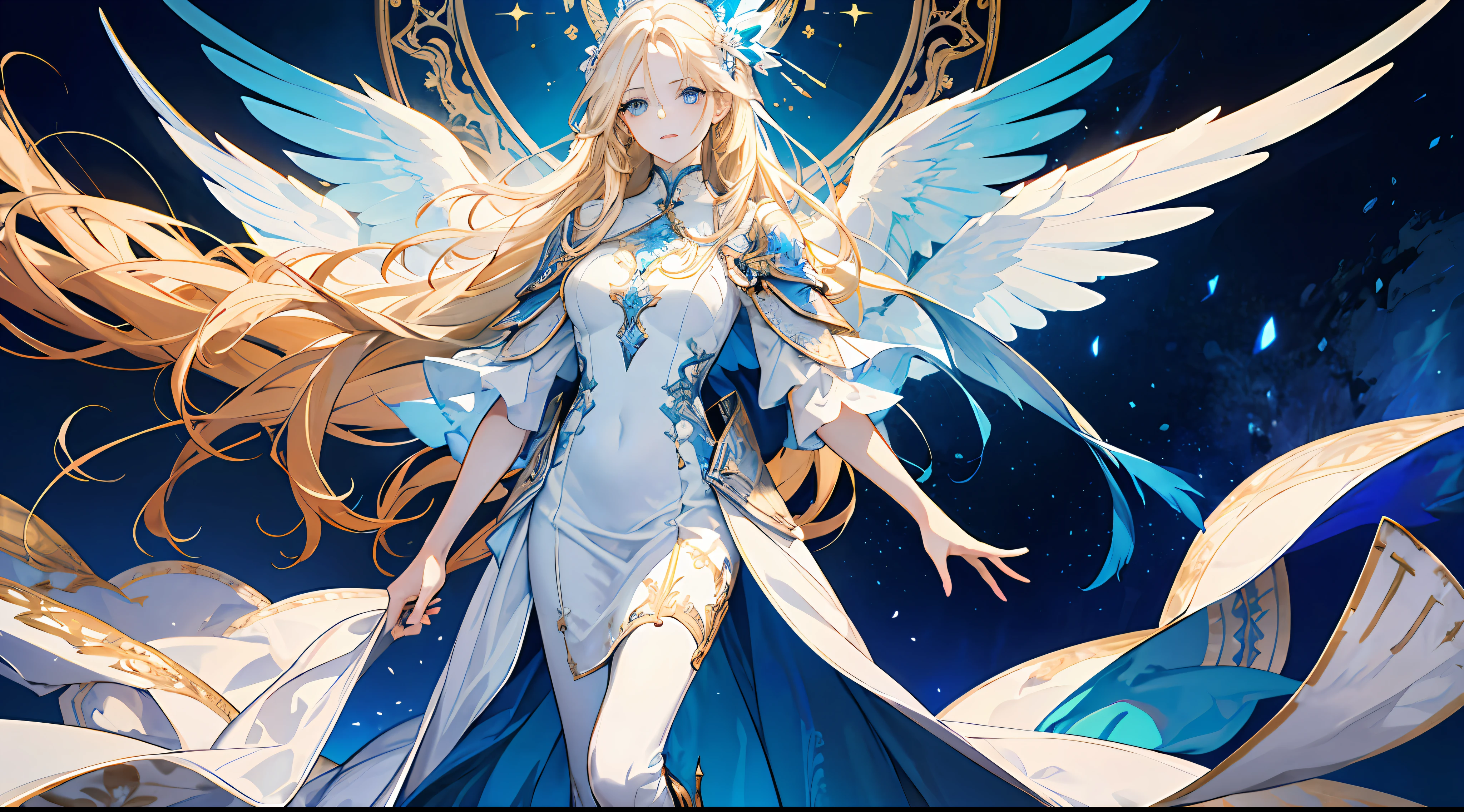 16k, a woman, tall, beautiful, otherworldly, elegant, blue eyes, full body, long blonde hair, white gold dress, delicate, white and blue long dress, armor decoration, extreme details, golden streamer surrounding, angel coming, magic array, (three pairs of huge wings), masterpiece, concept art, hands open, facial details presented,