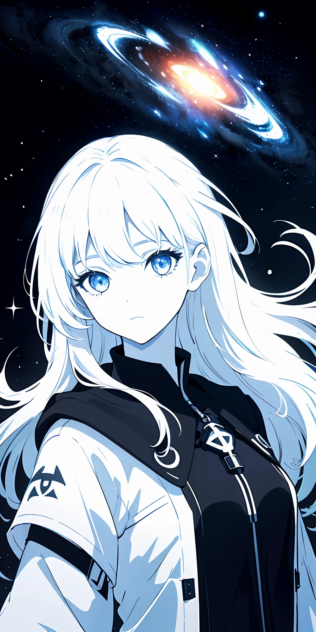 1girl, white hair, rune pupil, cosmic goddess, galaxy, light particles, light, wallpaper, high contrast, dazzling,
