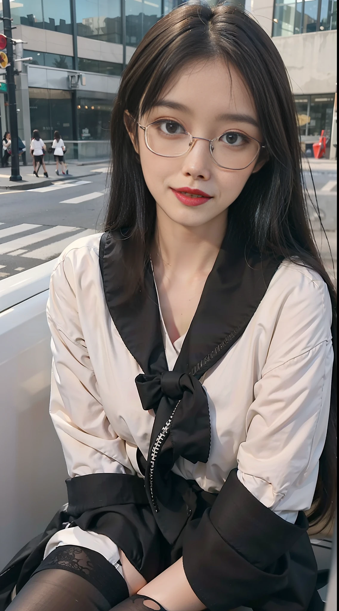 Best quality, full body portrait, delicate face, pretty face, 25 year old woman, slim figure, small bust, OL uniform, office clothes, black stockings, outdoor scene, sitting position, wearing glasses