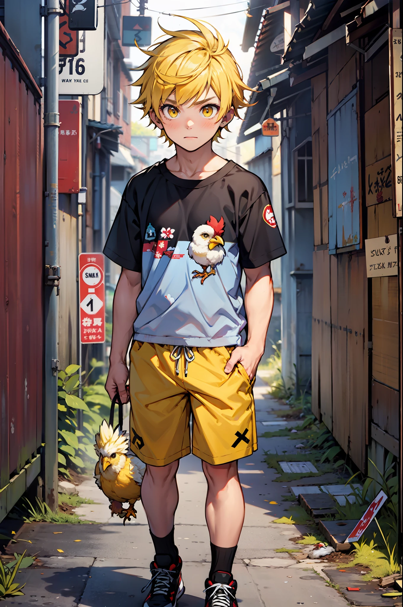 A boy, boy, chick hybrid, short yellow hair, bright yellow eyes, shy look, yellow shirt and blue shorts, chicken feathers, chicken tail