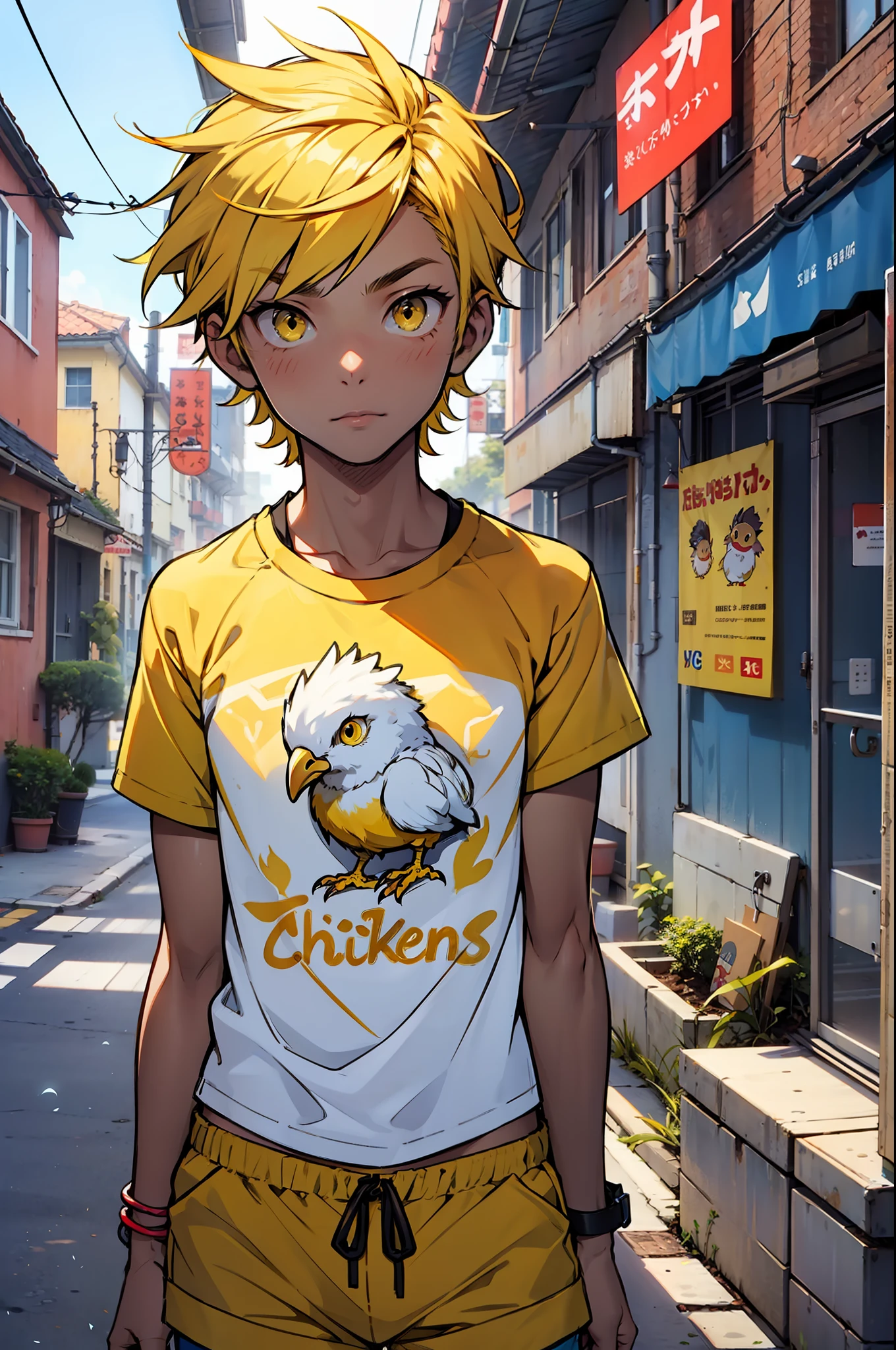 A boy, boy, chick hybrid, short yellow hair, bright yellow eyes, shy look, yellow shirt and blue shorts, chicken feathers, chicken tail