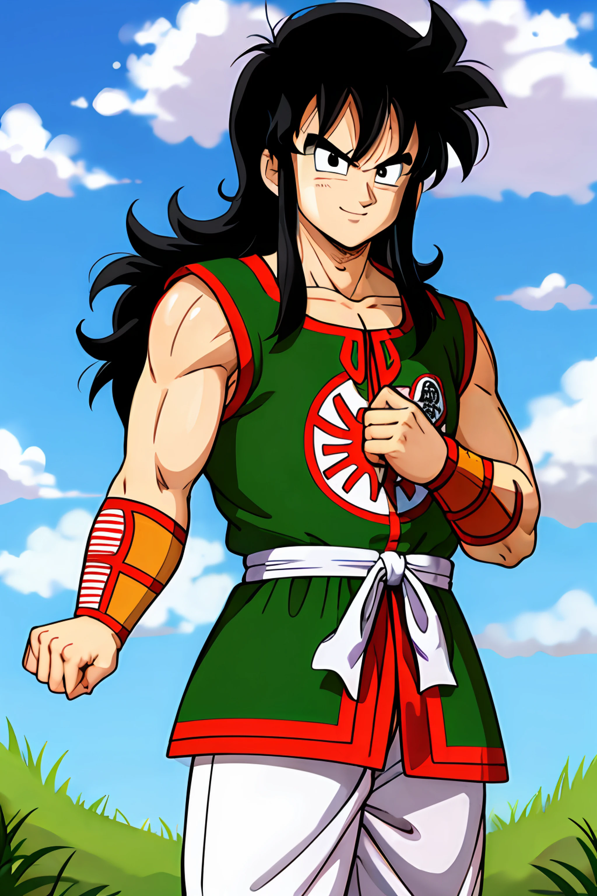 (8k, best quality, masterpiece: 1.2), yamcha, male focus, 1boy, black hair, solo, smile, muscular man, spiked hair, black eyes, long hair, bangs, (green tunic), orange pants, (white band), ribbon, outdoor, (purple armguards), orange neck, looking at the viewer, day, tree, blue sky, grass, rock, kanji, sidelocks, with sleeves