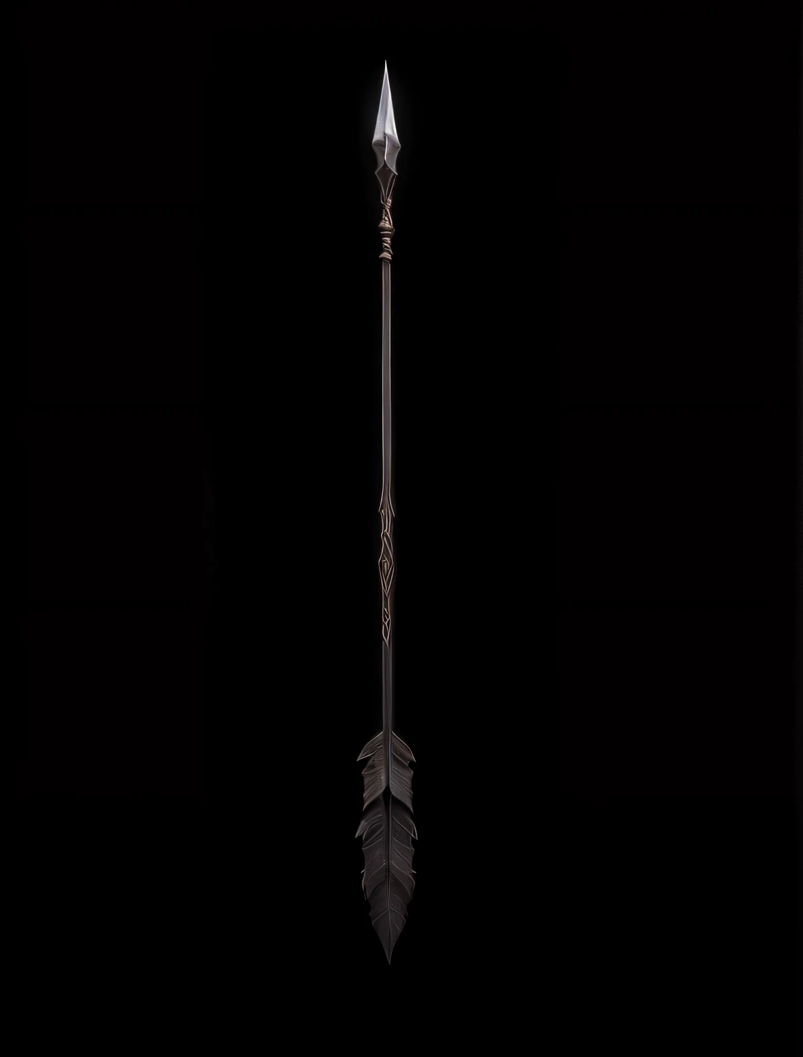 flexa elfica, with the steel tip adorned and twisted, black wooden body with elven runes, and at the other end black feathers, ultra realistic, --auto