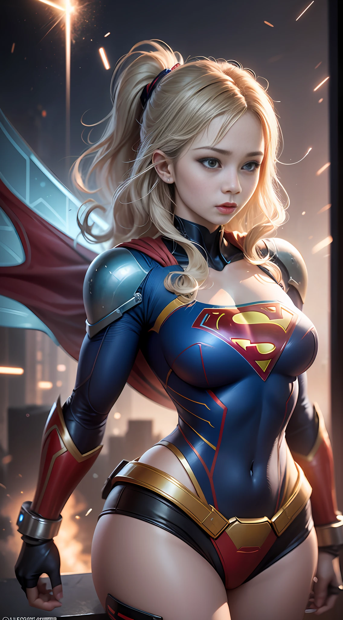 ((Best quality)), ((Supergirl's masterpiece)), (highly detailed:1.3), 3D, beautiful, (cyberpunk:1.2), in space, nebulous, holding_weapon, laser, (1Female Mecha:1.3), sexy body, facing the audience, bright blue eyes, full body, blonde, (flying, descending, dynamic, motion blur: 1.4), (huge wings of wicks: 1.6), looking up, glowing_eyes, mecha, panorama, background is earth,  nebula, space, particles, Reality, HDR (High Dynamic Range), Ray Tracing, NVIDIA RTX, Super Resolution, Unreal 5, Subsurface Scattering, PBR Textures, Post-Processing, Anisotropic Filtering, Depth of Field, Maximum Clarity and Clarity, Multilayer Textures, Albedo and Specular Maps, Surface Shading, Accurate Simulation of Light-Material Interaction, Perfect Proportions, Octane Render, Two-Tone Lighting, Large Aperture, Low ISO,  white balance, rule of thirds, 8K RAW, efficient sub-pixel, sub-pixel volume product, (best quality), (Japanese: 0.5), (Korean: 0.8), (Liu Yi Fei: 1.5) long hair, (big chest: 1.2) wearing superman's S on the chest. --auto --s2