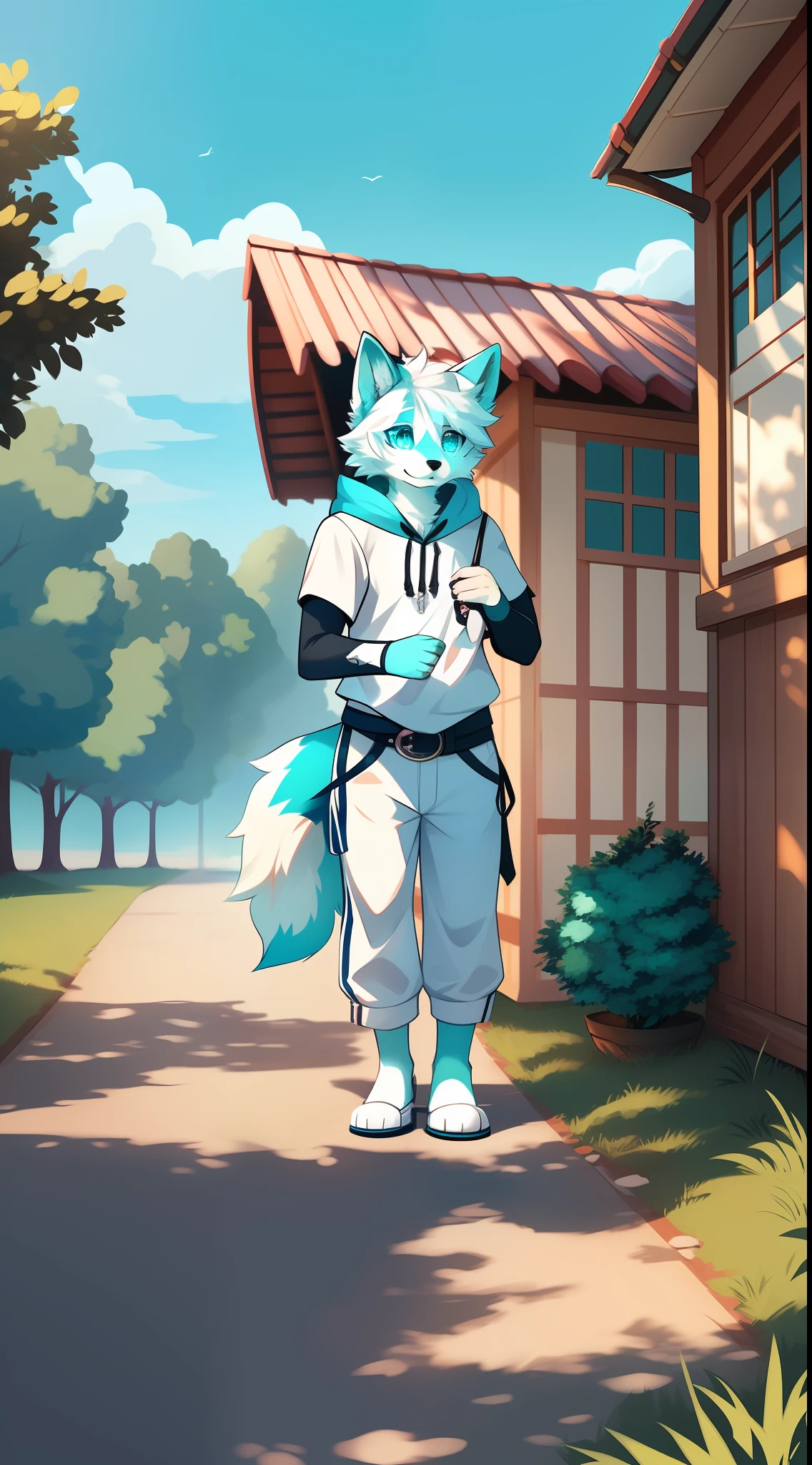 Samoyedskaya, human, furry, canine, (furry), (clear cyan eyes), white hair, white dog tail, (((black sleeves))), {white short sleeves with hood, no hat}, white cropped pants, outdoor,