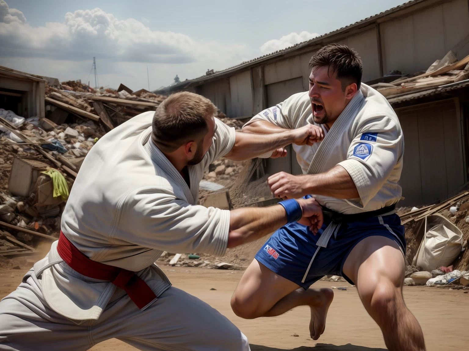 best quality, masterpiece, photo realism, best quality, masterpiece, 2 clumsy men fighting, wearing judo costumes, in a waste dump, cheering crowd in the back, sky, natural lighting, intricate details, high res, wide depth of field