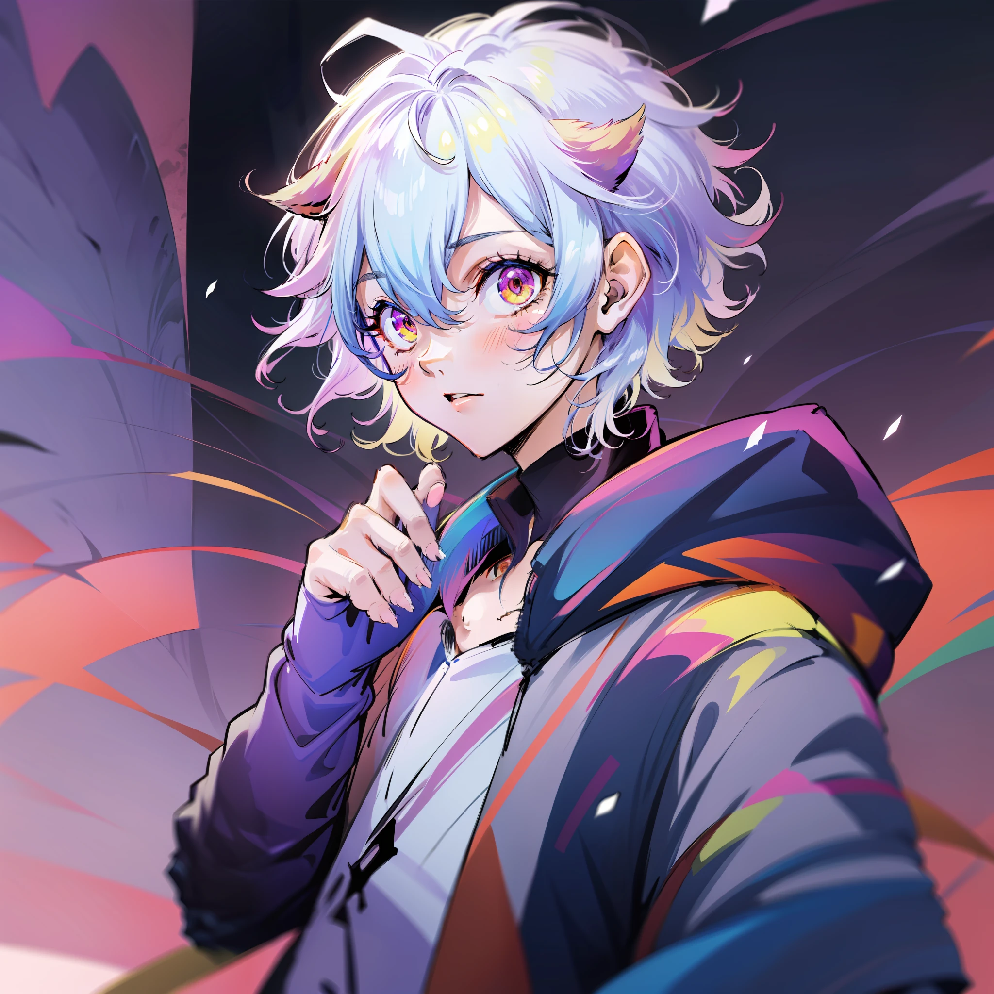 0.7>,anime boy,snow,(Male),jacket,diamond,multicolored hair,multicolored eyes,cat ears on top of head