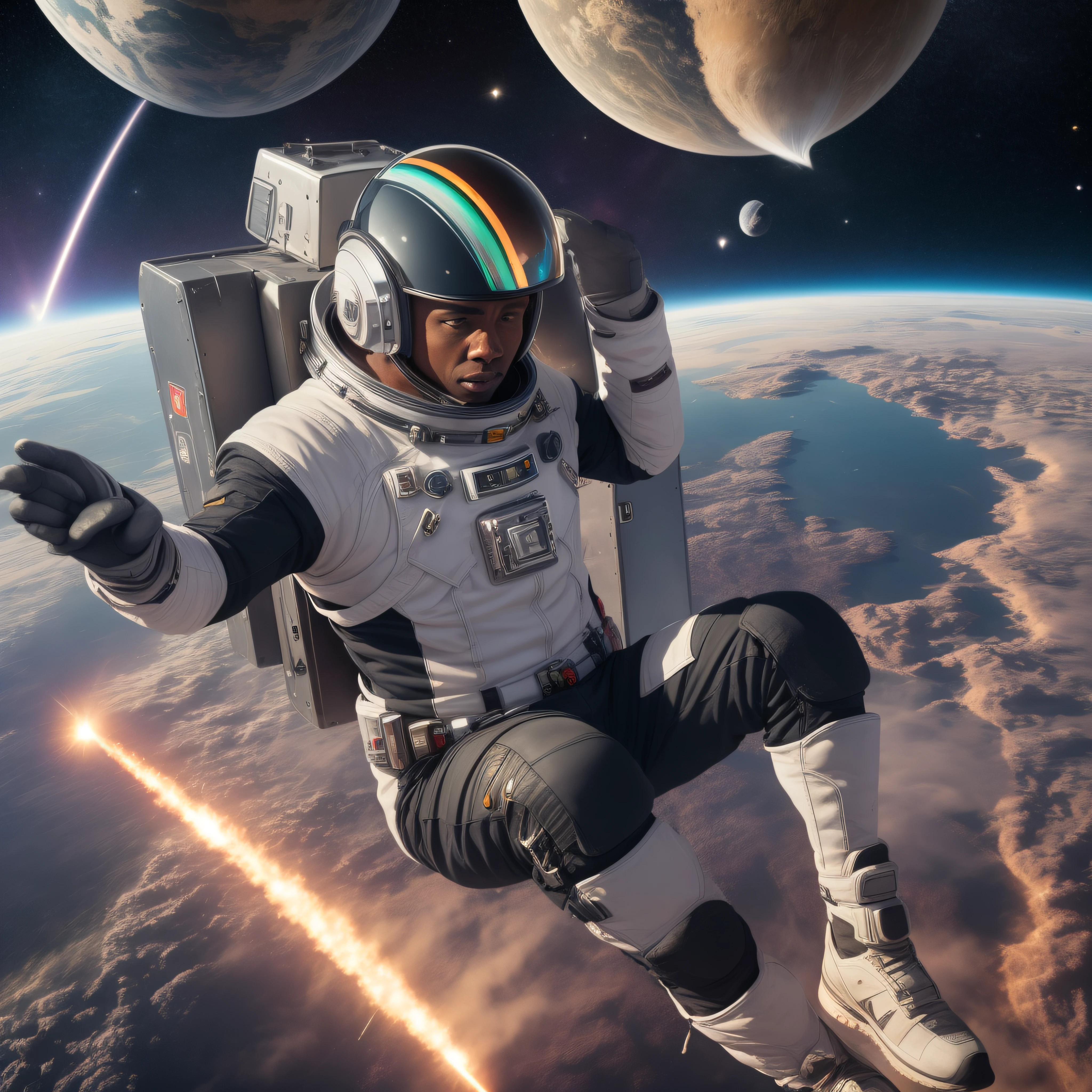 "Ban Winkel, a long trip, black man sitting on a rocket flying through the space galaxy."