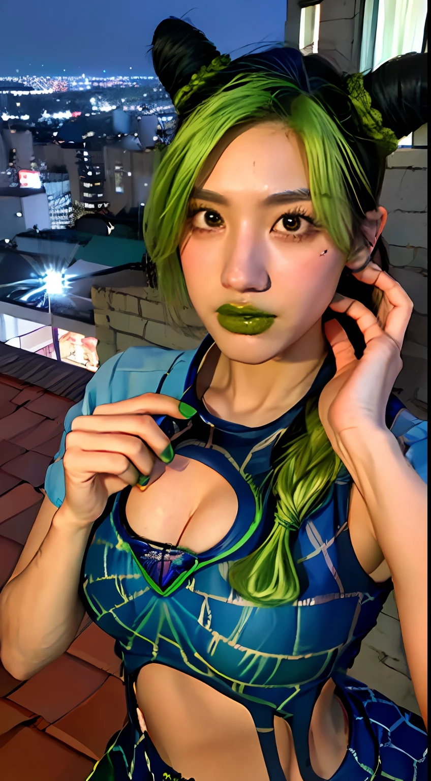 ((Midnight, Best Quality, 8k, Masterpiece: 1.3)), Full Body, Long Legs, Sharp Focus: 1.2, A Beautiful Woman with Perfect Body: 1.4, Slim Abdomen: 1.1, ((Blue and Green Hair, Big Breasts: 1.2)), (White Tight Tshirt, Jean Bib, Standing: 1.2), ((City Night View, Rooftop: 1.3)), Highly Detailed Face and Skin Texture, Detailed Eyes, Double Eyelid