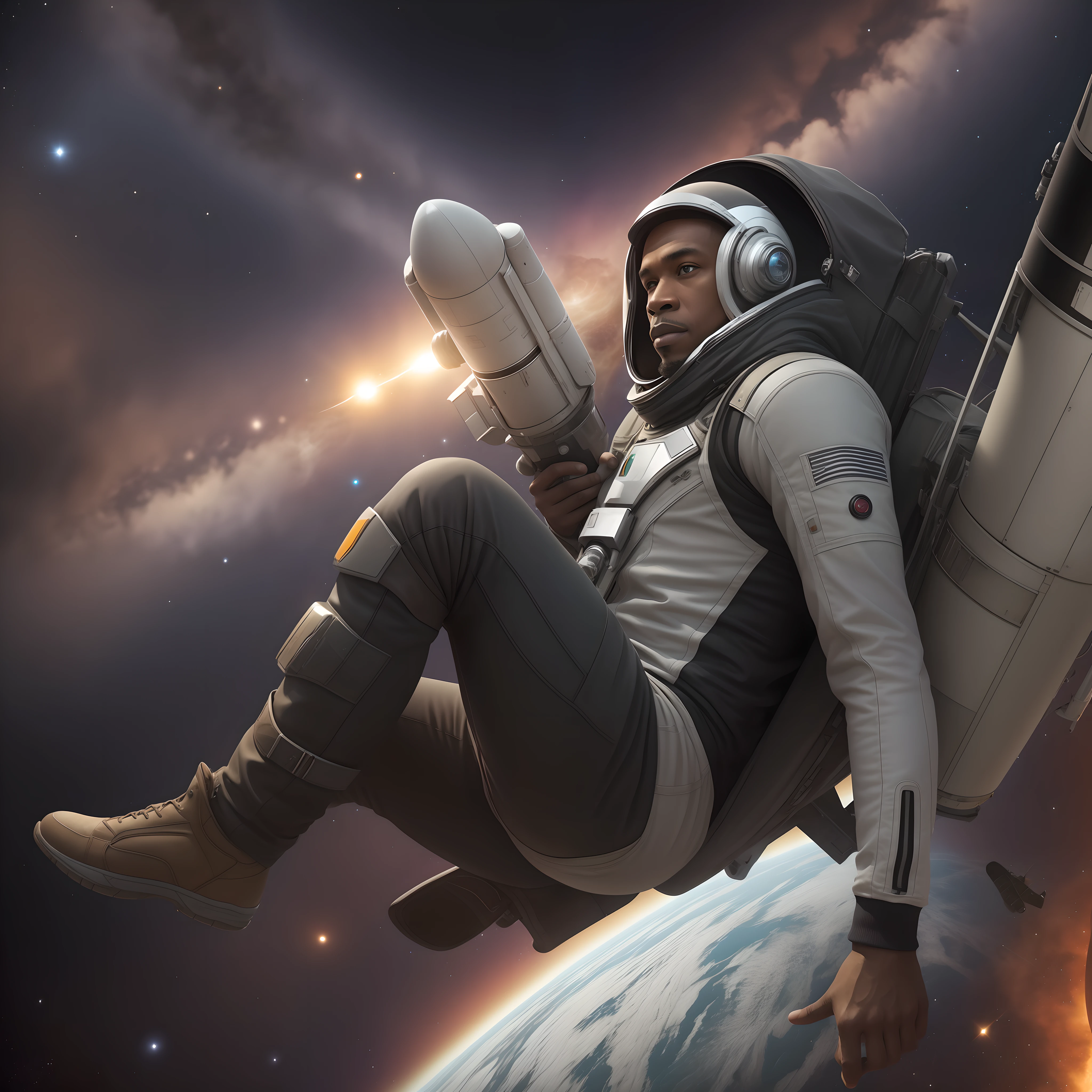 "Ban Winkel, a long trip, black man sitting on a rocket flying through the space galaxy."