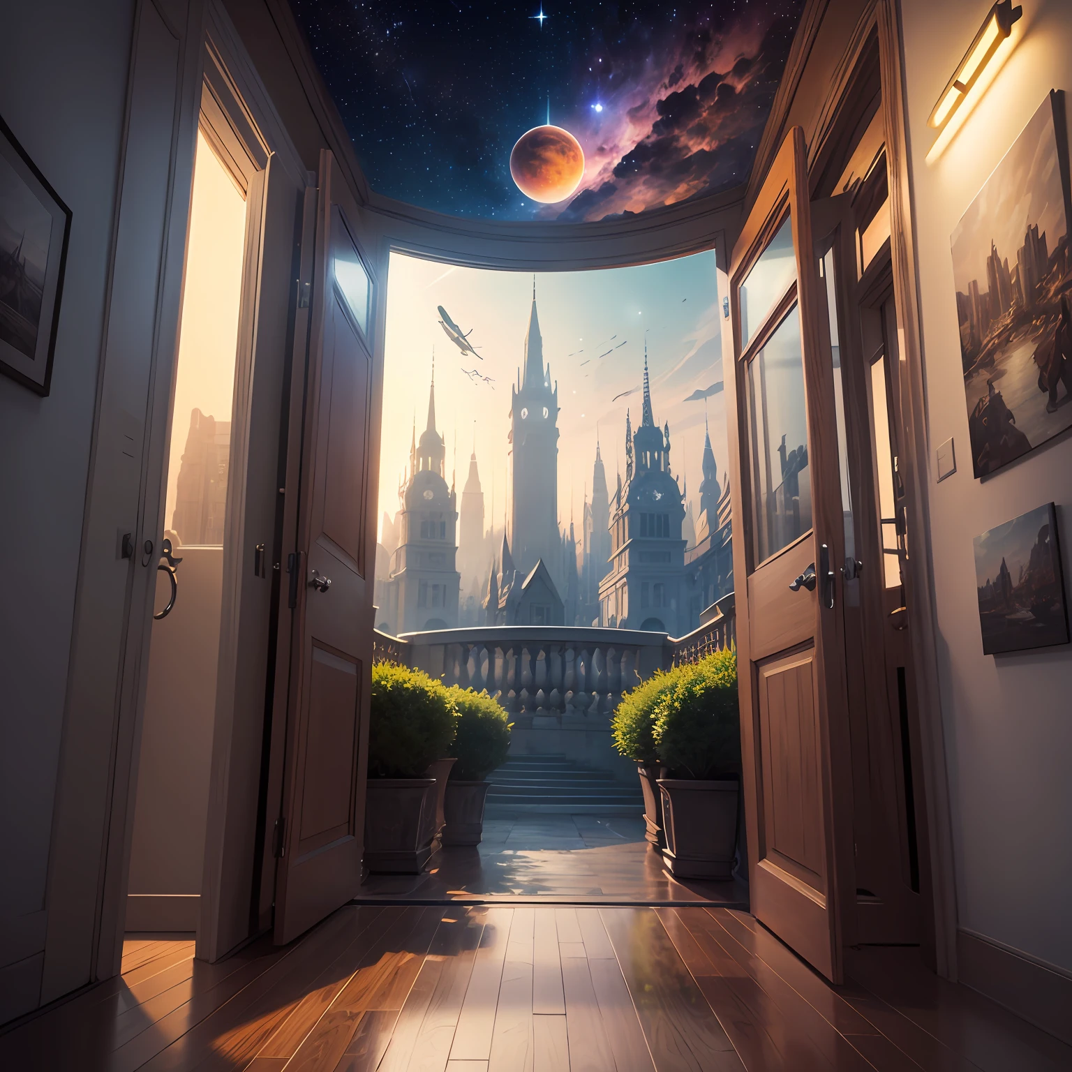 Picture of the world of the distant future, view from the window, visible stars, planets, flying ships, art picture, high detail, photorealistic and detailed illustration of high quality, masterpiece, hyperrealism, many details, beautiful background and landscape, atmospheric perspective, interior architecture, optical illusion, viewfinder, moving chart, ultra wide angle, 35mm, 360 view, 8k, super detail, accurate, best quality, UHD --auto