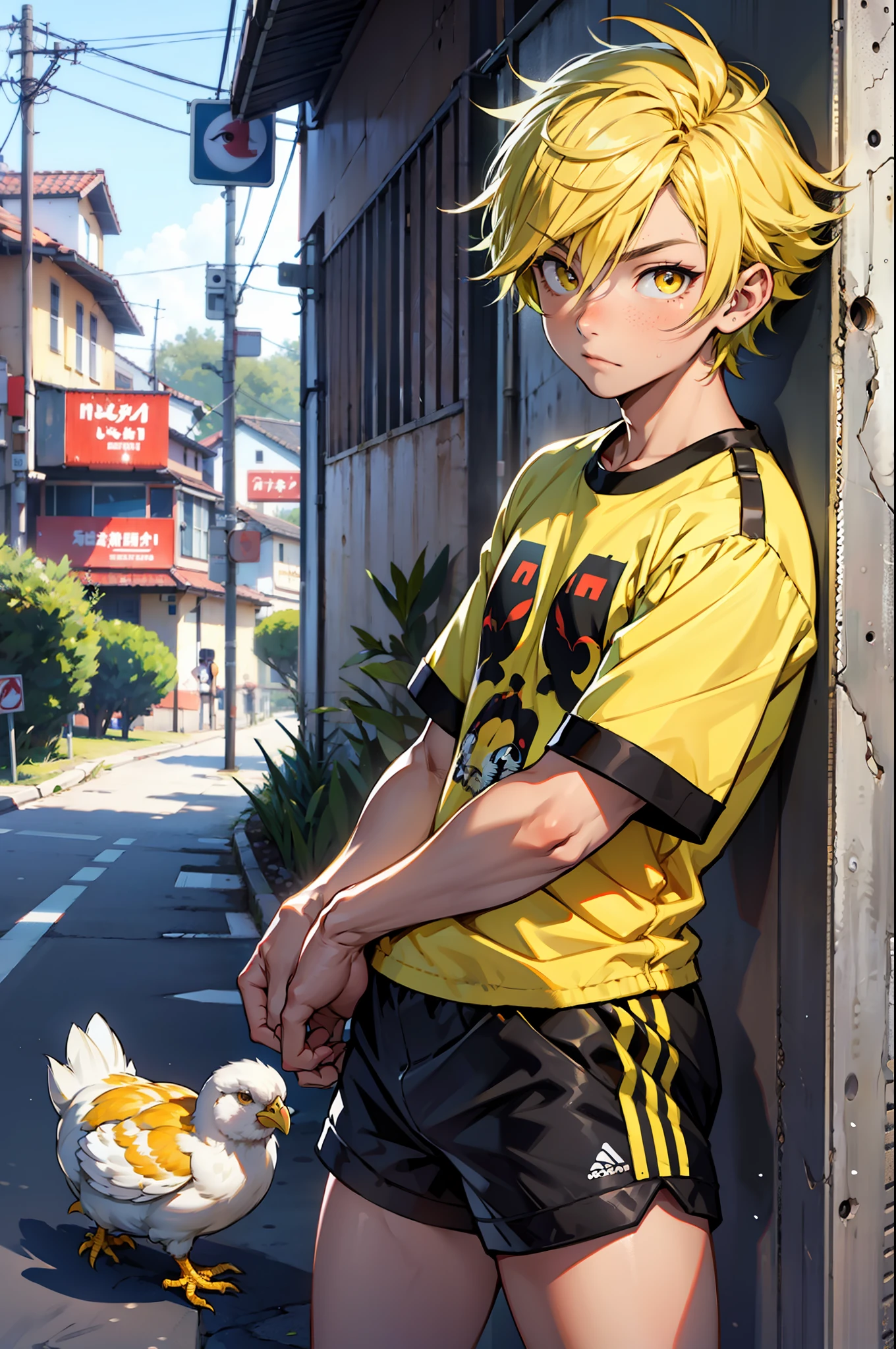 A boy, chick hybrid, short yellow hair, bright yellow eyes, shy look, yellow shirt and blue shorts, with chicken feathers and a chicken tail