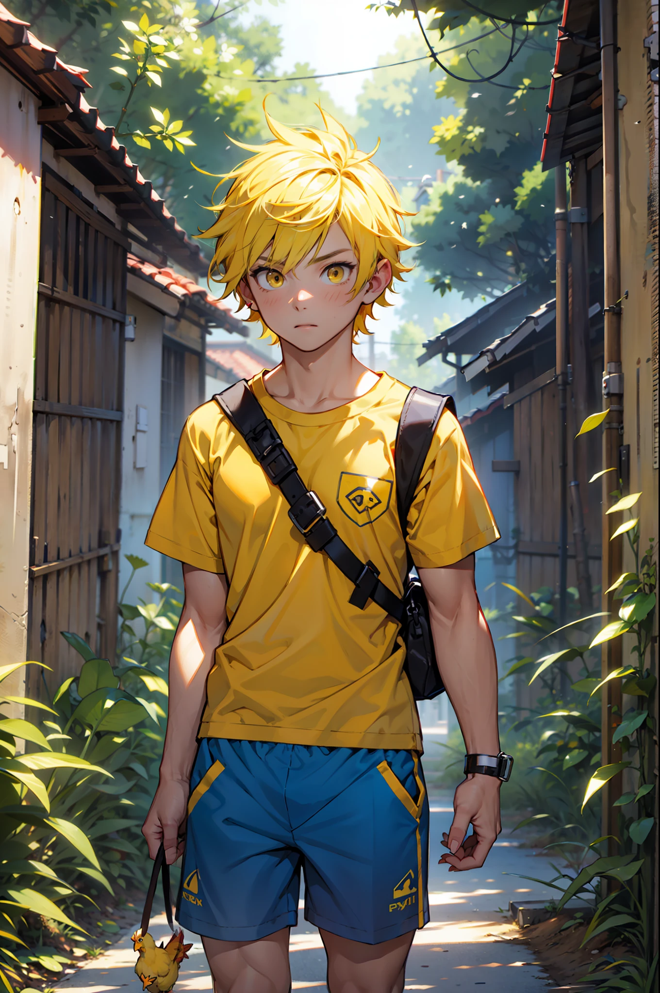 A boy, chick hybrid, short yellow hair, bright yellow eyes, shy look, yellow shirt and blue shorts, with chicken feathers and a chicken tail