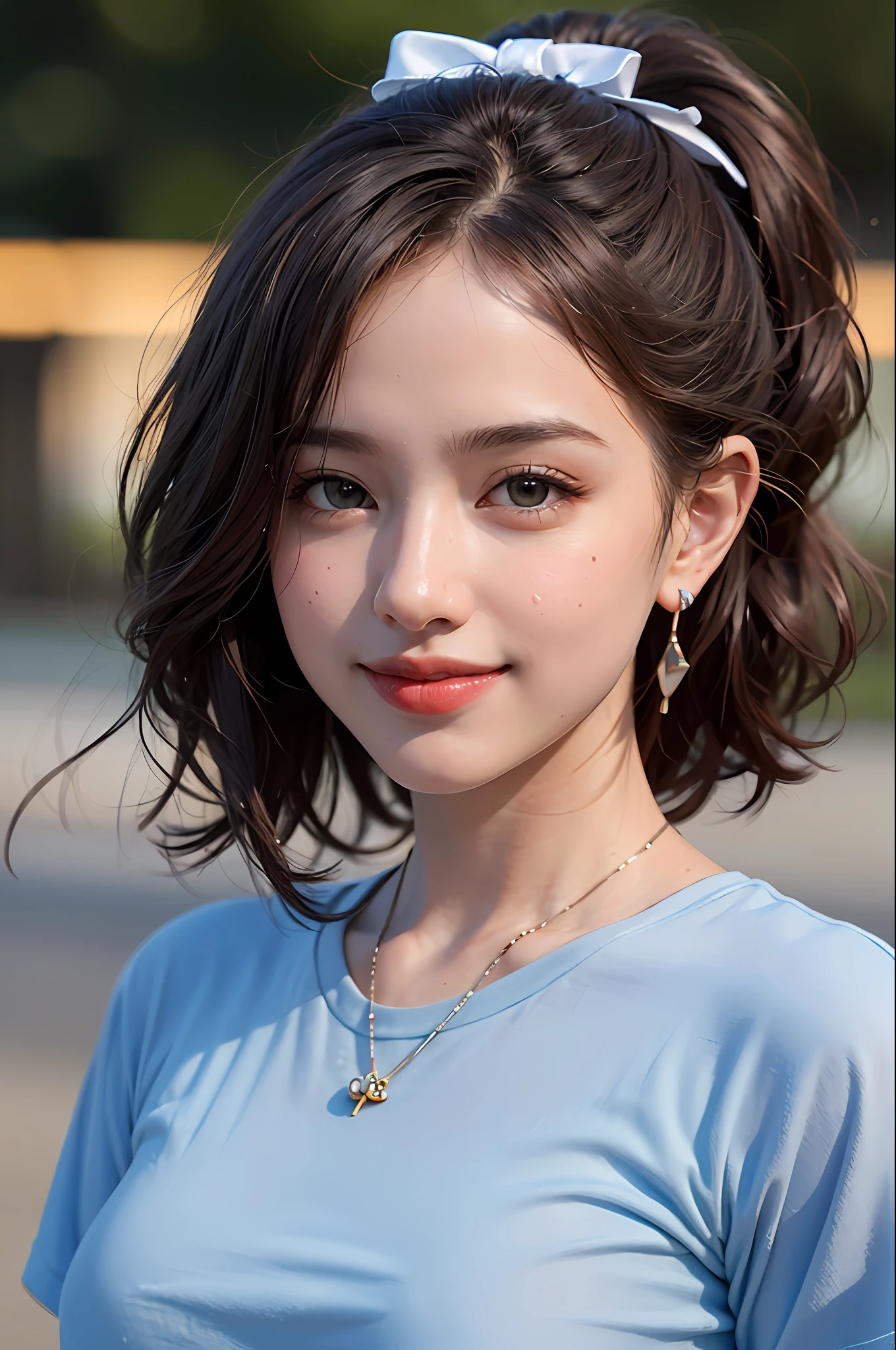 (8k, RAW photos,best quality, high resolution:1.1), (hyperrealistic:1.4),(realistic, photorealistic:1.3), soft light,big breasts,girl,realistic face,realistic body,realistic skin,absurdity,masterpiece,(cute:1.8), cuties, solo, (big breasts:1.2), detailed black eyes,innocent eyes,blusher,(t-shirt:1.2), cinema light,film grain,jewelry,earrings,((Medium hair:1.1)),((Floating Hair Novafrog Style)),cherry colored lips,hair ribbon,hair bow,ponytail,closeup,look viewer,long hair,upper body,open lips,upper teeth, (smiling eyes:0.6),((grinning:1.2)),depth of field, blurred background, eye focus, Bokeh,Young, 85mm Lens, f/1.4,Professional Lighting, Young,Portrait,Photon Mapping,Radiosity,Physically Based Rendering,No Bra