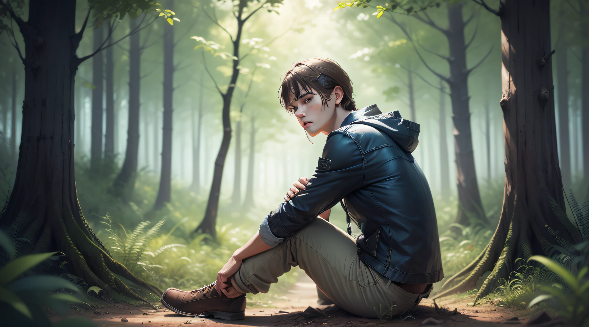 Drawing, ultra realistic, 8k, extremely detailed, in the best quality, man, young, sitting on the ground in a dense forest.