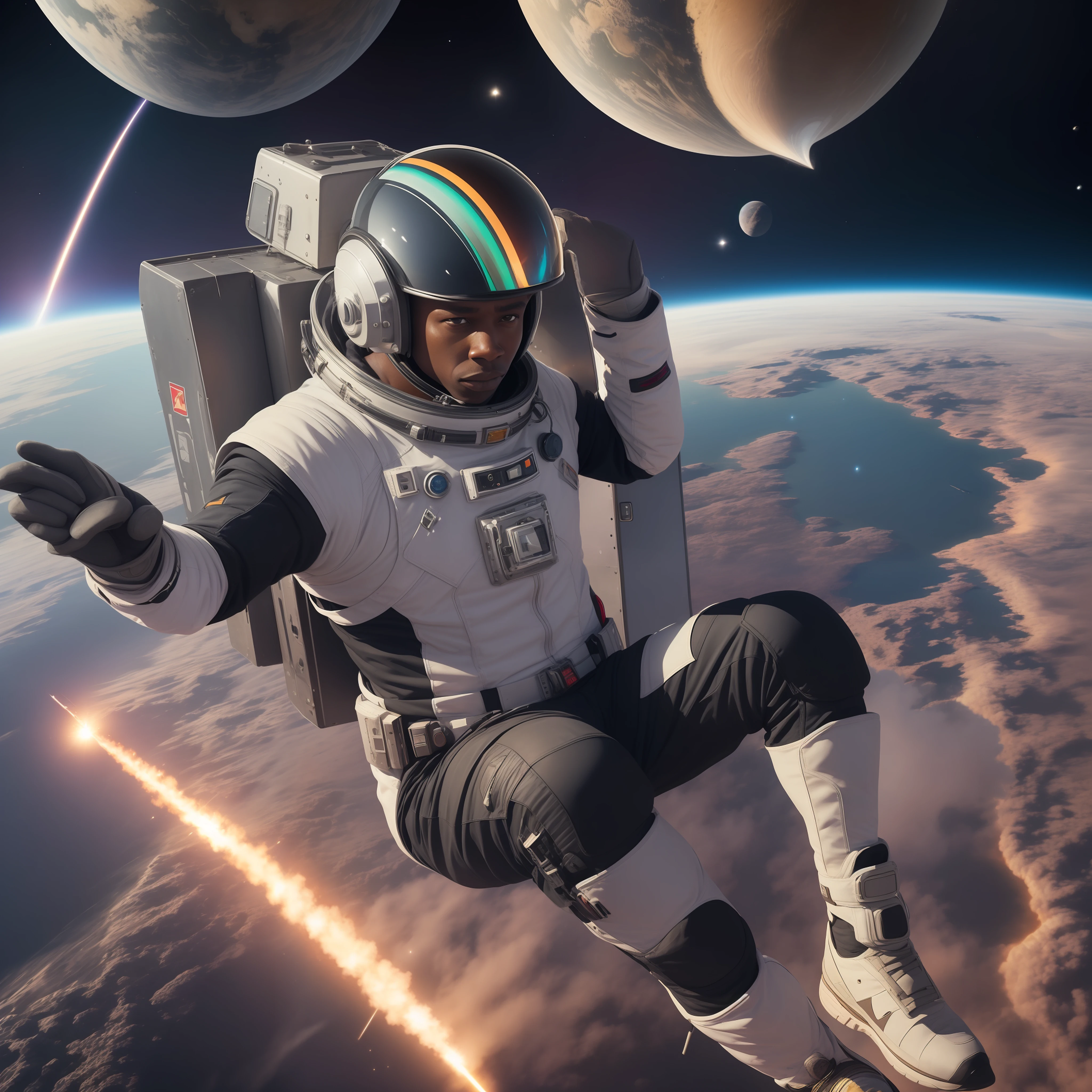 "Ban Winkel, a long trip, black man sitting on a rocket flying through the space galaxy."