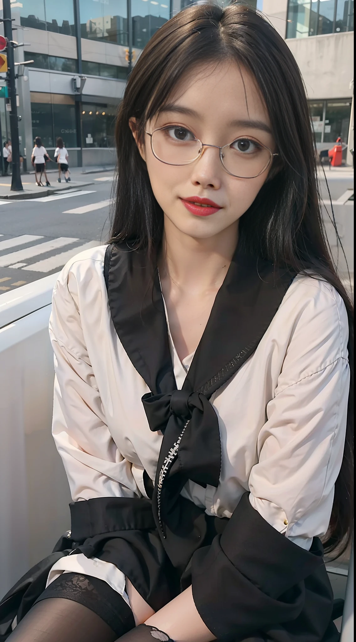 Best quality, full body portrait, delicate face, pretty face, 25 year old woman, slim figure, small bust, OL uniform, office clothes, black stockings, outdoor scene, sitting position, wearing glasses