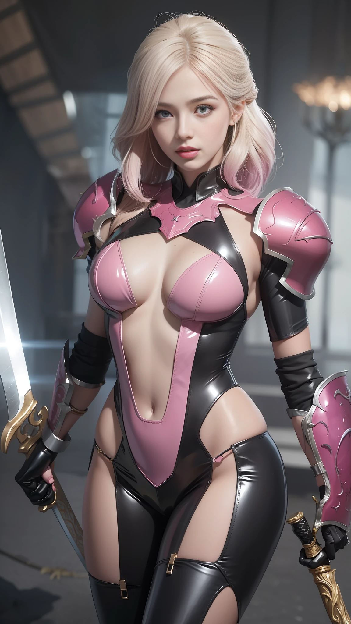 Close-up of a woman in pink latex costume holding a sword, dark eye shadow, smooth pink armor, WLOP glossy skin, WLOP and ArtGerm, divine rendering, thicc, extremely detailed ArtGerm, pinup. King of the Daggers, WLOP Rossdraws, inspired by the legendary master of St. Lucy, IG Model | Art Germ, by Oliver Sheen