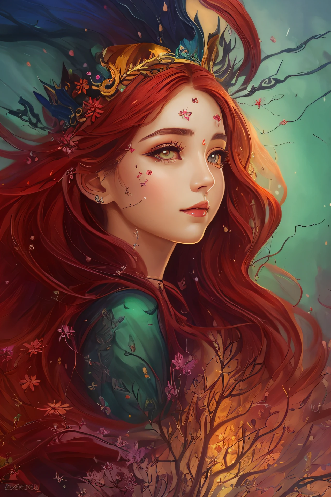 a girl with long red hair and a crown of flowers in her hair, beautiful fantasy art portrait, fantasy art style, beautiful fantasy art, beautiful digital illustration, beautiful digital art, beautiful digital artwork, digital art fantasy art, beautiful fantasy portrait, very beautiful digital art, digital art fantasy, fantasy art portrait, very beautiful fantasy art, detailed fantasy digital art, gorgeous digital art