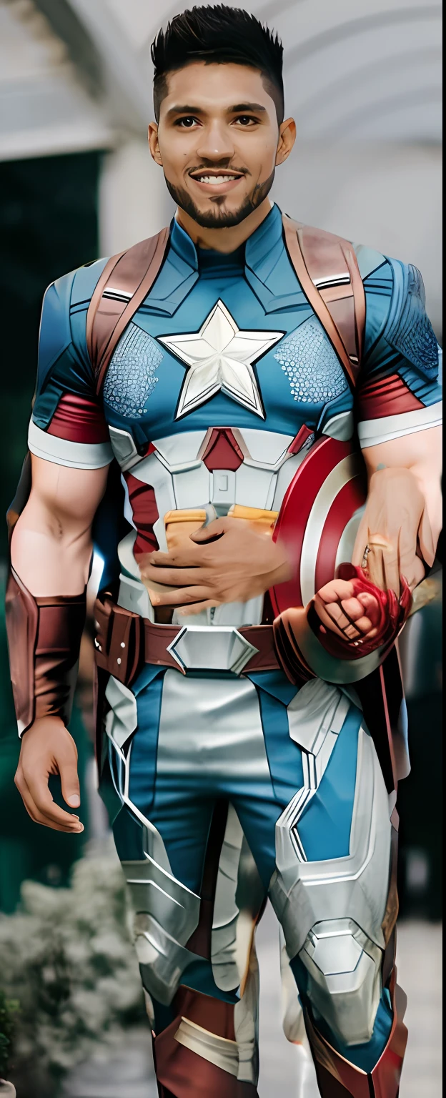 Dressed as Captain America, holding a shield, Iron Man, Thor, Superhero