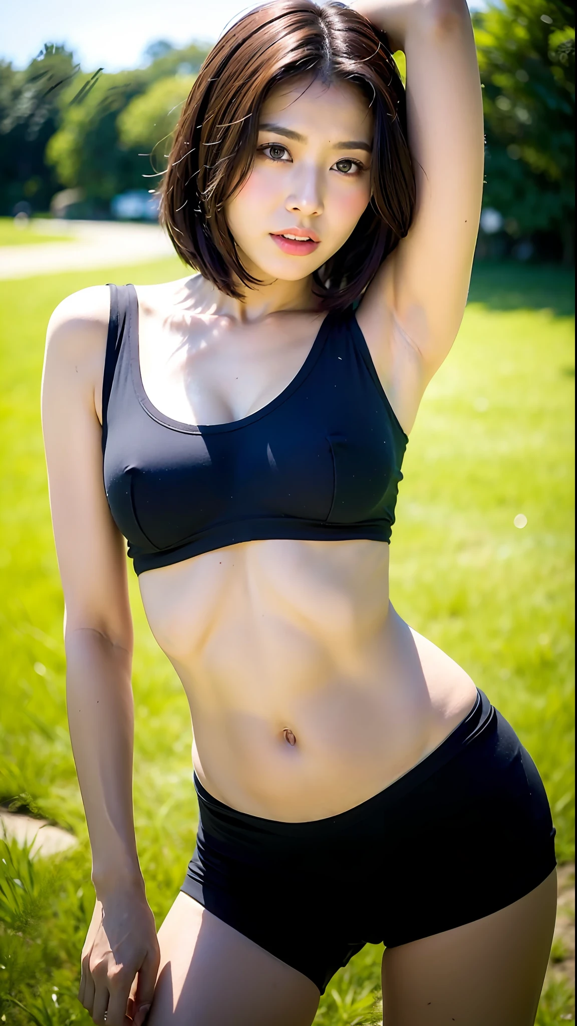 (Best Quality, 8k, 32k, Masterpiece, UHD: 1.2), Cute Japan Woman Photos, Black Short Hair, Beautiful Face, (Close-Up: 1.4), POV, Loose T-shirt, Big Breasts, (Beautiful Nipple Slip: 0.9), Outdoors, Wind, Glossy Skin, Blurry Background, Big, Black Underwear, Armpits, Buttocks, Open Legs, Crotch,