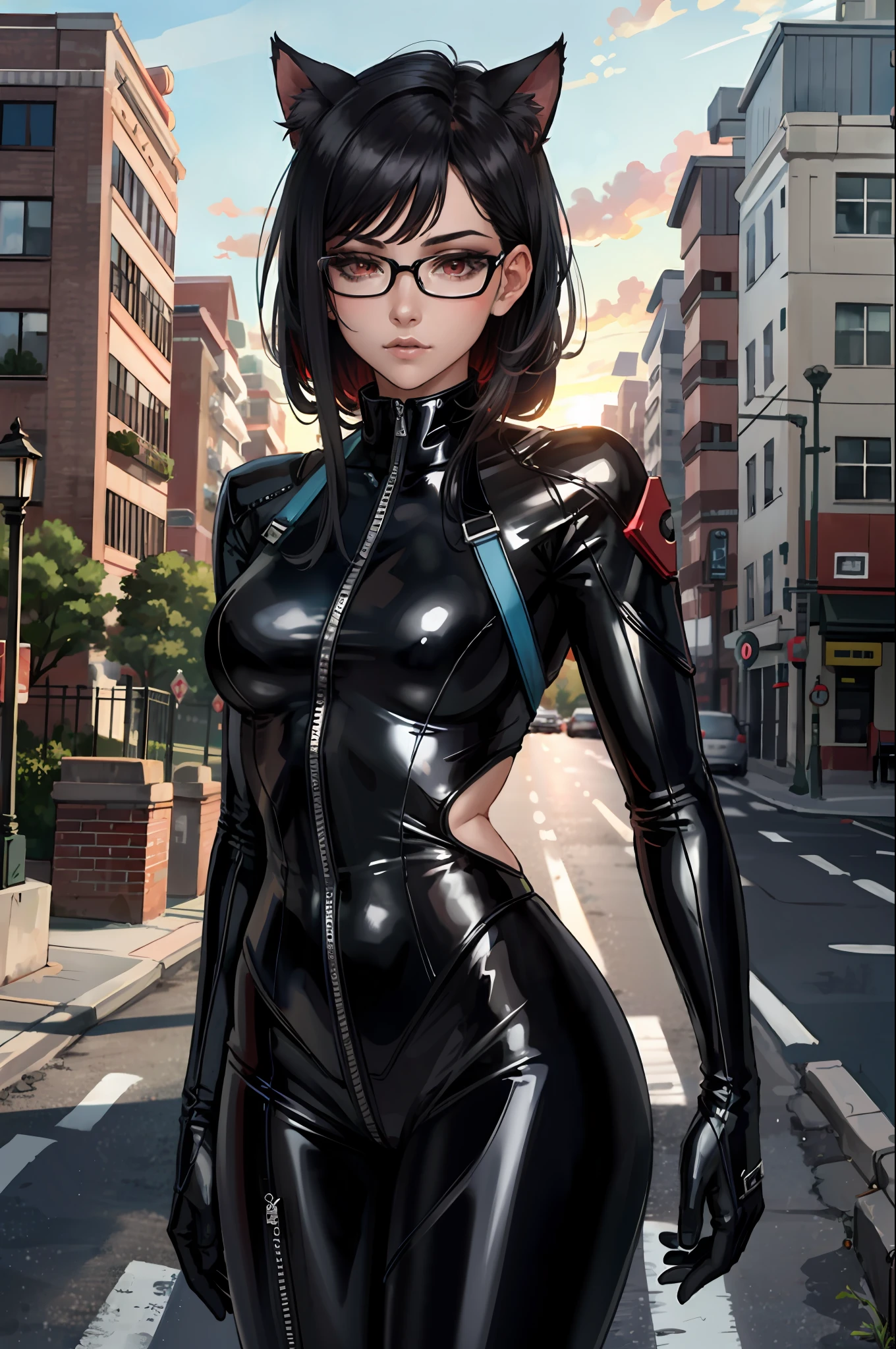 (masterpiece:1.2, best quality:1.2, beautiful, high quality, highres:1.1, aesthetic), detailed, extremely detailed, realistic, colorful, mature, 1girl, black hair, red eyes, glasses, cat ears, techwear jacket, bodysuit