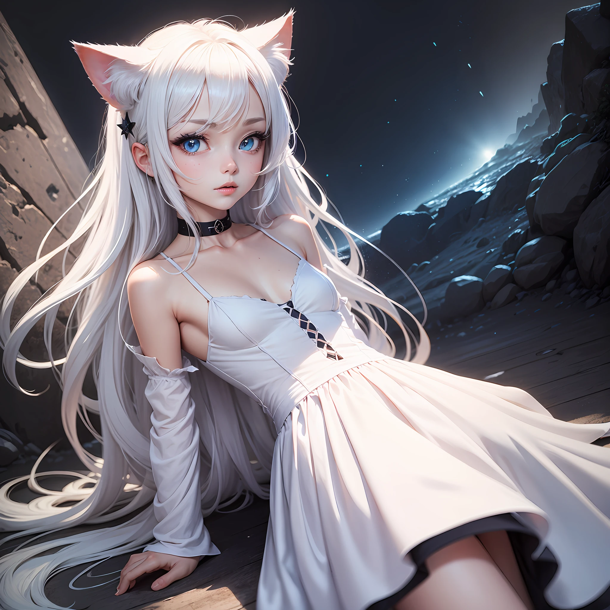 Anime cat ears, long white hair, small white dress, blue eyes