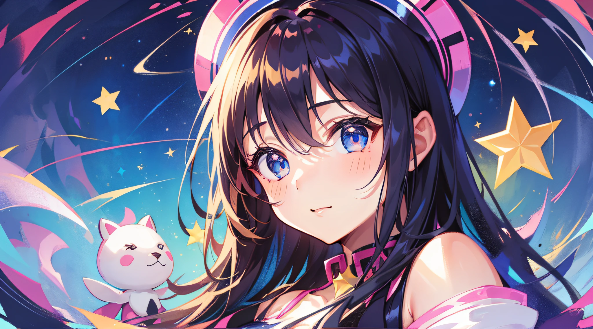 1girl, super cute, beautiful eyes, super sexy, super beautiful face, super beautiful background, stars and stuffed animals