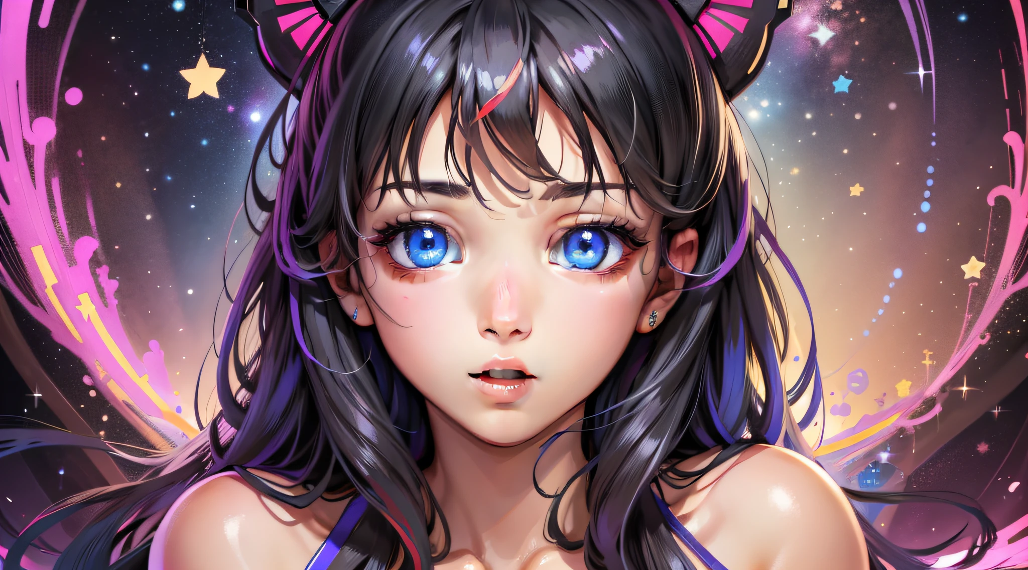 1girl, super cute, beautiful eyes, super sexy, super beautiful face, super beautiful background, stars and stuffed animals