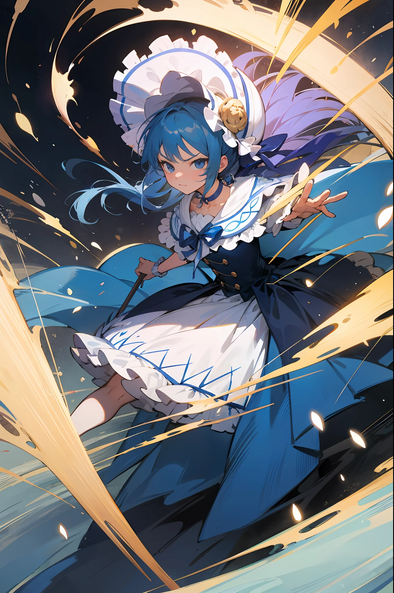 (masterpiece, best quality, illustration), 1 little girl, face focus, long blue hair, half updo, expressionless face, glaring, (long navy blue Lolita style dress), (ribbon decoration on dress), bonnet hat, full body, (fighting motion pose), cornflower on bonnet, loli, (capelet), (choker), (intricate ornament), (Magical Girl), (magical girl costume), detail, (magic effect: 1.3), (flowing dress: 1.2), Dynamic Angle
