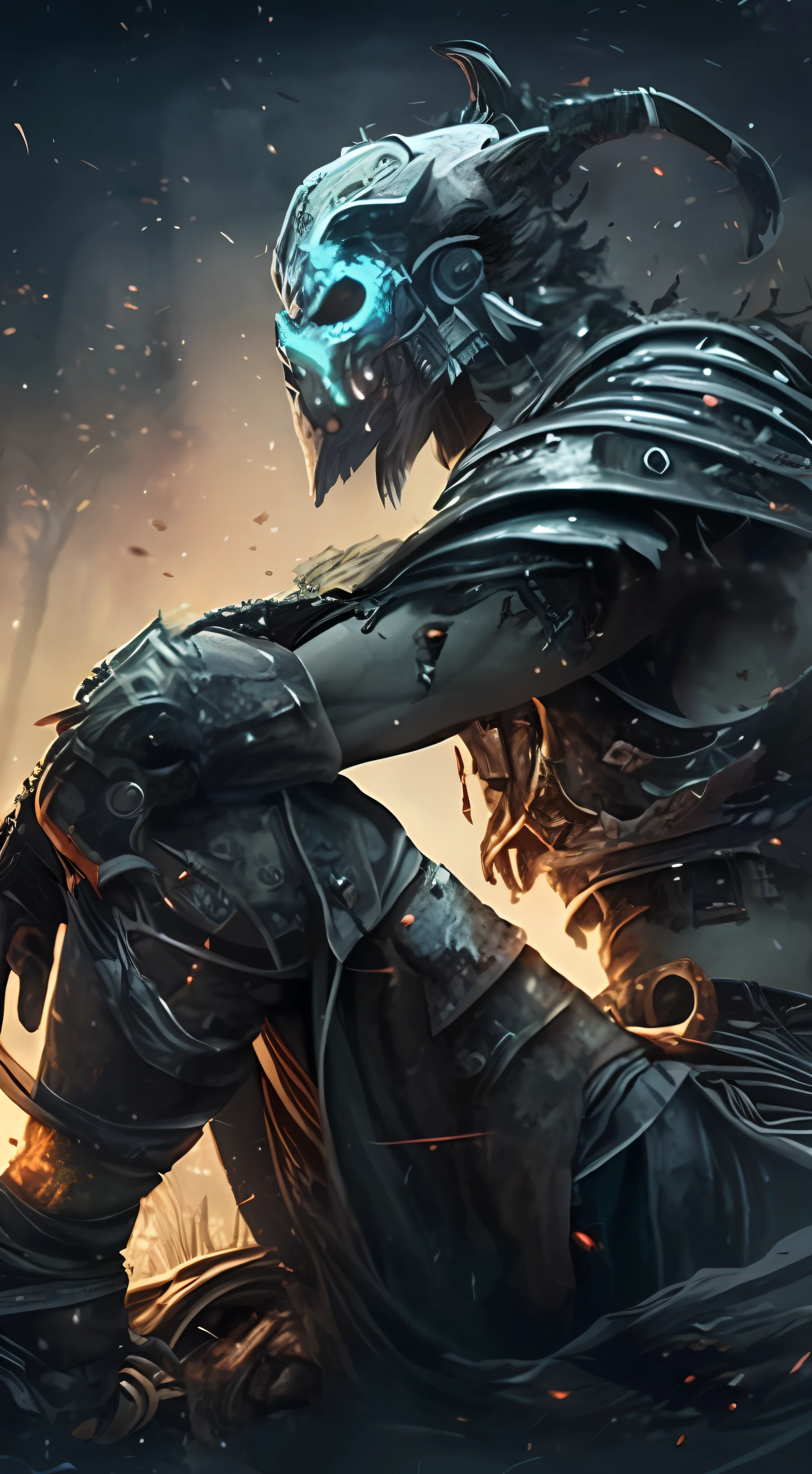 a man in armor sitting on a rock with a glowing sword, darksiders style, lord of cinder, shadow of the colossus, the lich king, dark souls 3, lich king, light coming off of the armor, glowing line cracks in armor, dark souls knight, in style of dark souls 3, forhonorgame, dark souls iii, action rpg video game
