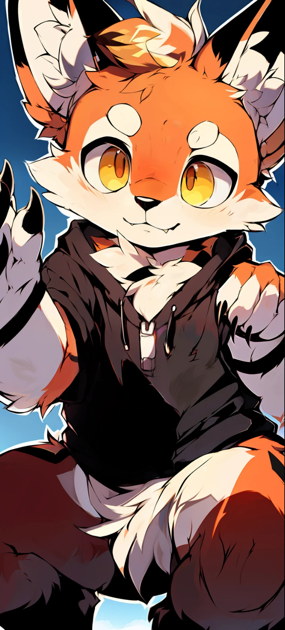 Author: Zackary911, (coffee soda: 1.1), Hioshiru, Zackary911, fox, human, female boy, obese, solo, tight black hoodie, fur, looking up into perspective, from small perspective, (he is looking down at small), bent thighs, huge thighs, beep, bend, squat, low angle, claws, scary