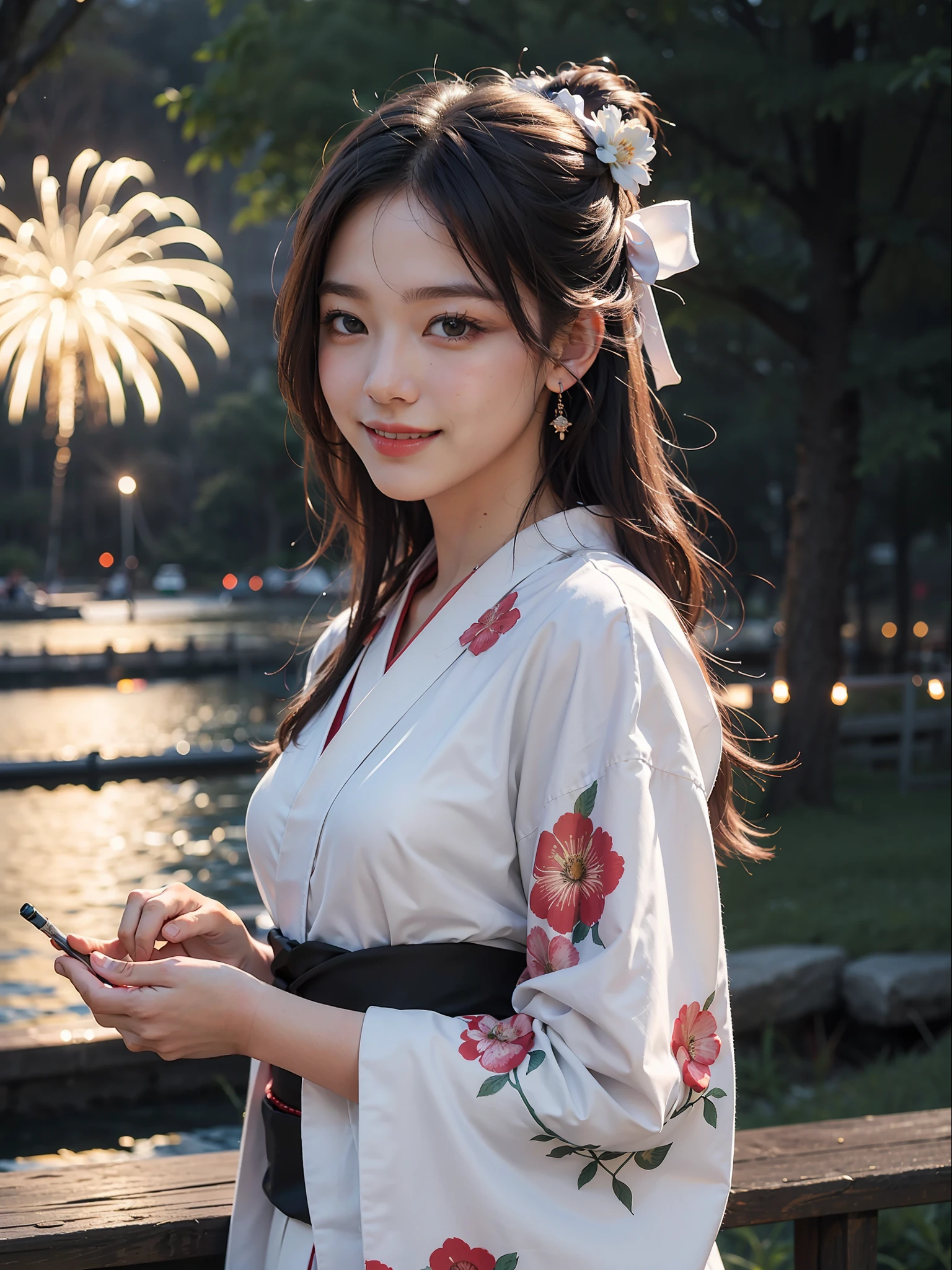 Top Quality, Masterpiece, Ultra HD, Photorealistic, 1girl, Smile, Kimono, Fireworks Venue