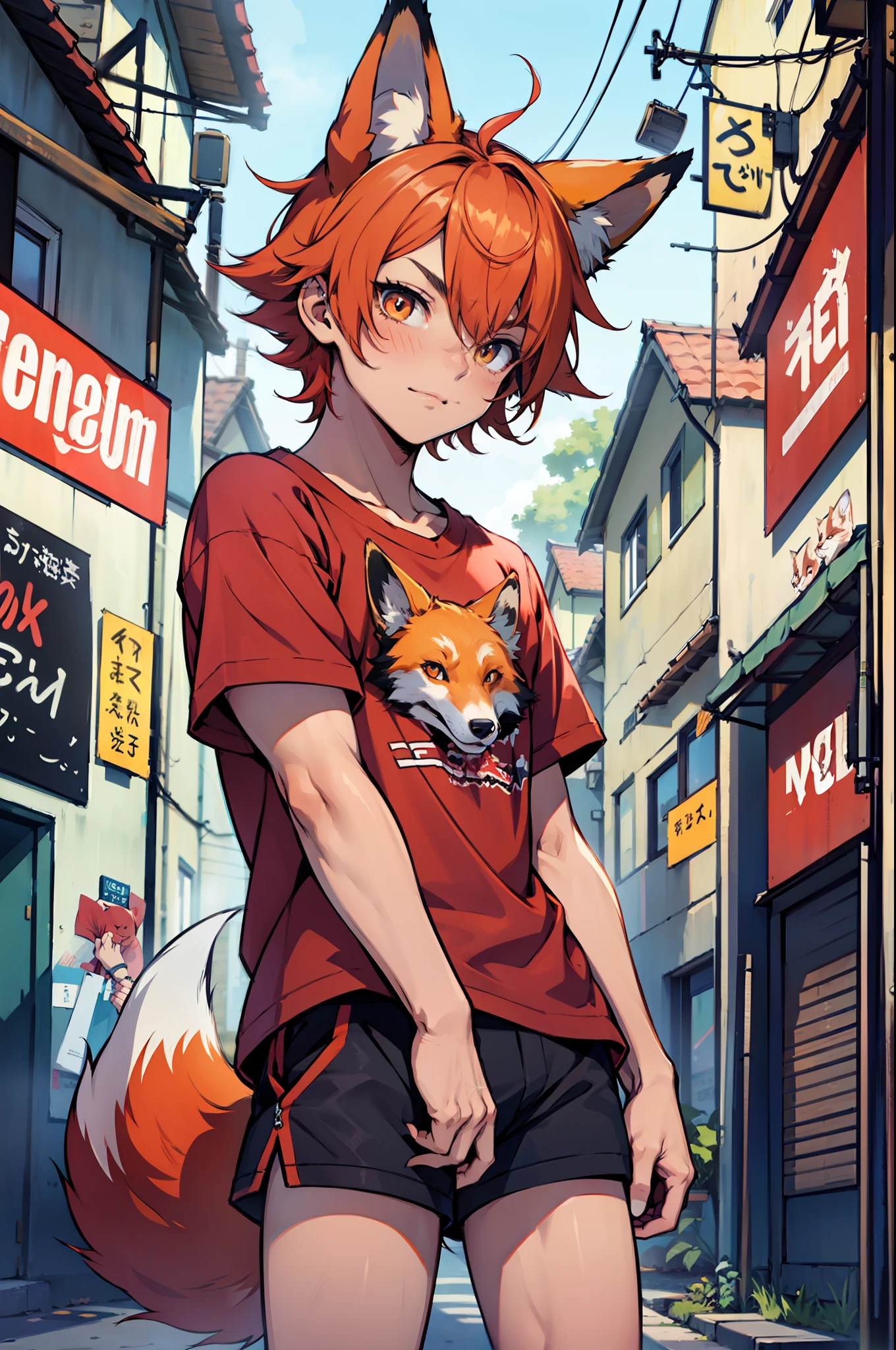 A boy, fox hybrid, orange short hair with red locks, bright eyes, hyperactive, red shirt and shorts, fox ears and foxtail