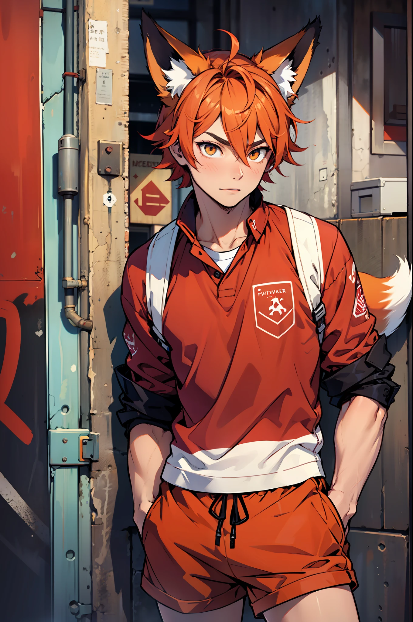 A boy, fox hybrid, orange short hair with red locks, bright eyes, hyperactive, red shirt and shorts, fox ears and foxtail
