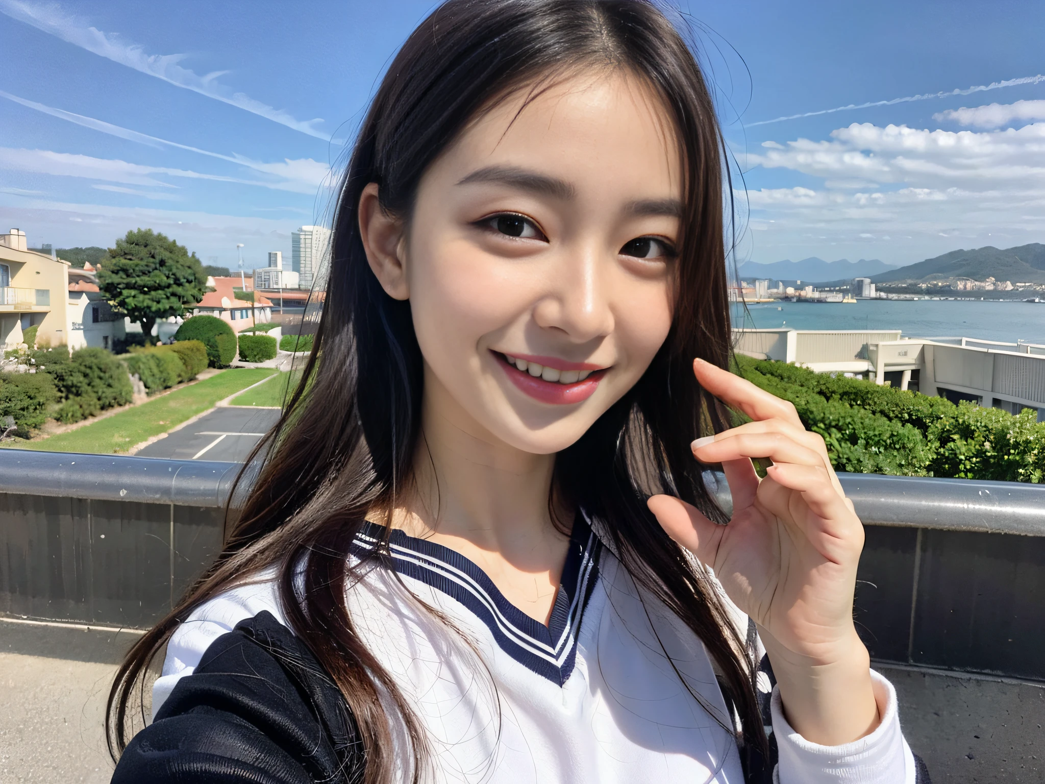 (8k, RAW photos, top quality, masterpiece: 1.2), ultra detail, super resolution, (realistic, actual photos: 1.37), (photorealistic: 1.6), eating lunch on the roof of the school. , Fantastic scenery, cute lunch box, Gakko rooftop, lunch break, fashionable school, futuristic city, school of the future, future world, fantastic world, new world, high resolution RAW color photo, professional photo, very detailed and beautiful, (pointing at the camera), real light (with both hands wide open and palm facing us), smile so much that you can see your teeth, beautiful scenery mixed with light, Very detailed sailor suit, amazingly cute female proofreading, amazing cute smile, transcendent cute face, amazing details, red scarf, very detailed beautiful girls, different pattern face, one is a ponytail, modern cute schoolgirl, very detailed face very detailed eyes, very realistic skin, very detailed fingers, very detailed nose, very detailed mouth, perfect anatomy, Highly detailed sailor suit, highly detailed background,after school,。 full of smiles, long straight hair, (dull bangs: 1.2), Celebrity level cuteness, high school girl youth (pink eye shadow)