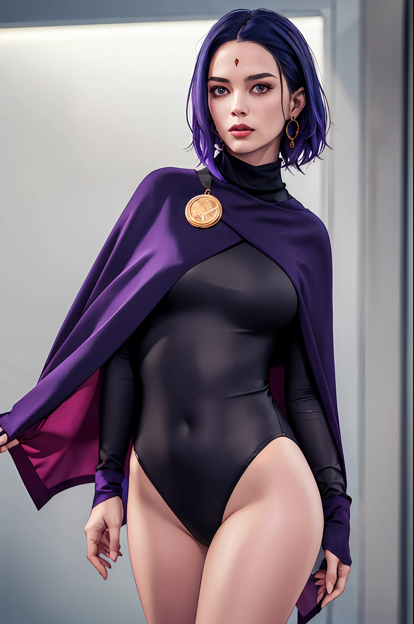 1girl, cowboy shot of rvn, hotraven, pale skin, black leotard, turtleneck, tights, cape, glowing eyes, gold belt, jewels, medallion, athletic, looking at viewer, night, dark forest, mist, fog, volumetric lighting, best quality, masterpiece, intricate details, tonemapping, sharp focus, hyper detailed, trending on Artstation, realistic, in sexy posing