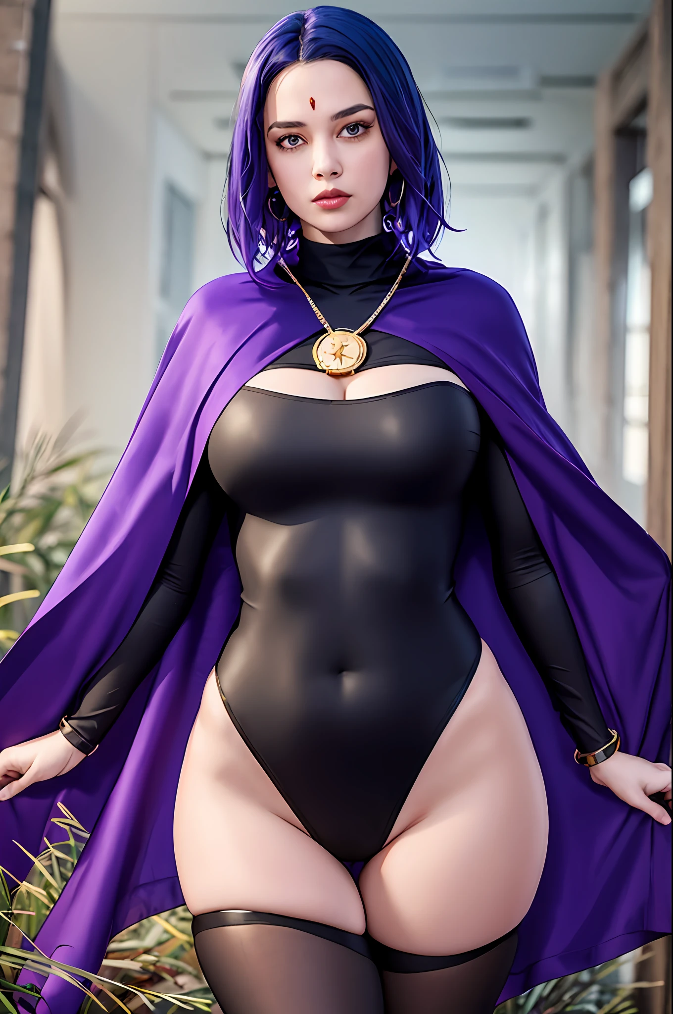 1girl, cowboy shot of rvn, hotraven, pale skin, black leotard, turtleneck, tights, cape, glowing eyes, gold belt, jewels, medallion, athletic, looking at viewer, night, dark forest, mist, fog, volumetric lighting, best quality, masterpiece, intricate details, tonemapping, sharp focus, hyper detailed, trending on Artstation, realistic, in sexy posing
