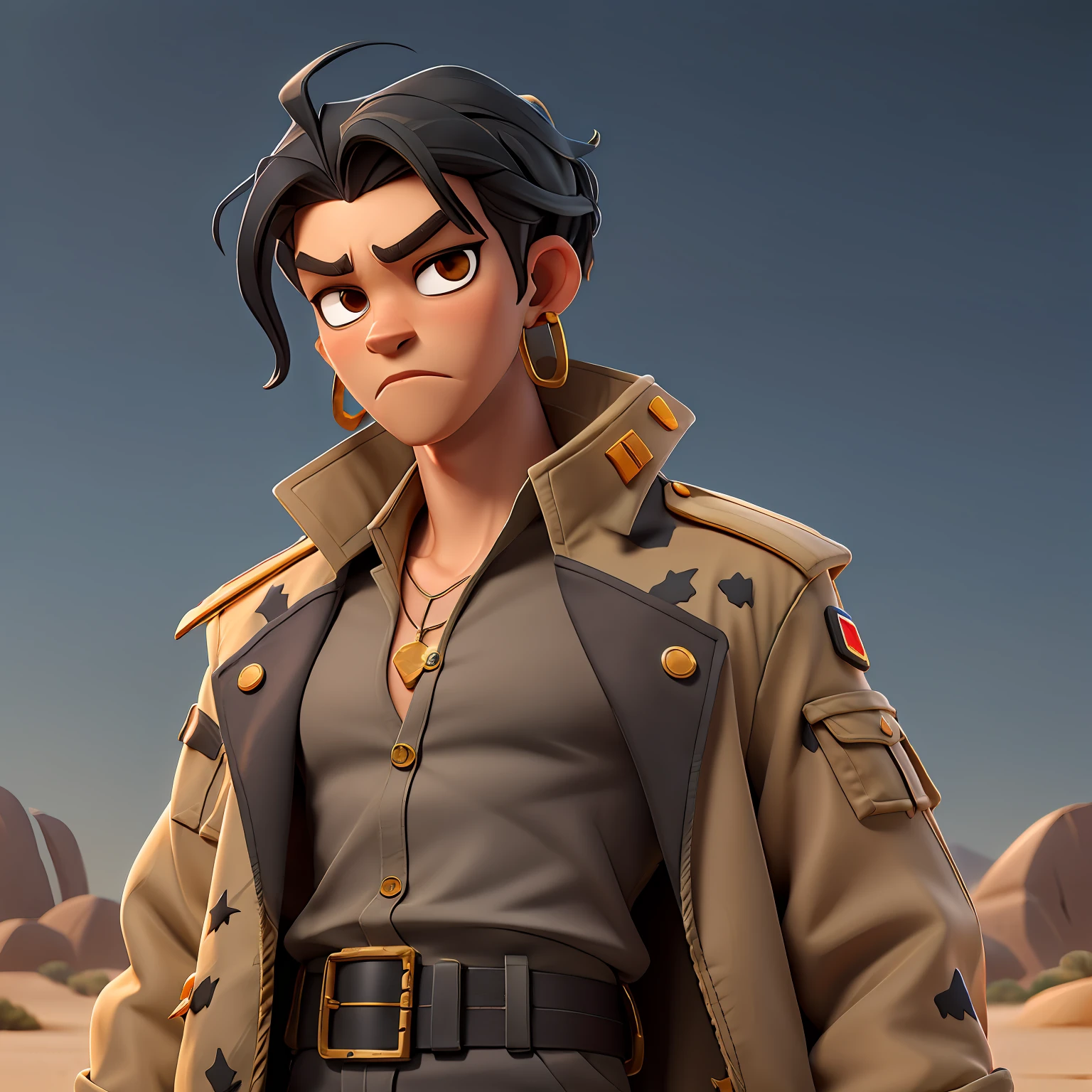 Young androgen of "long straight black hair", golden earrings, wearing "military shirt and jacket", thick eyebrows, hot desert, electric rays, fantasy, high voltage