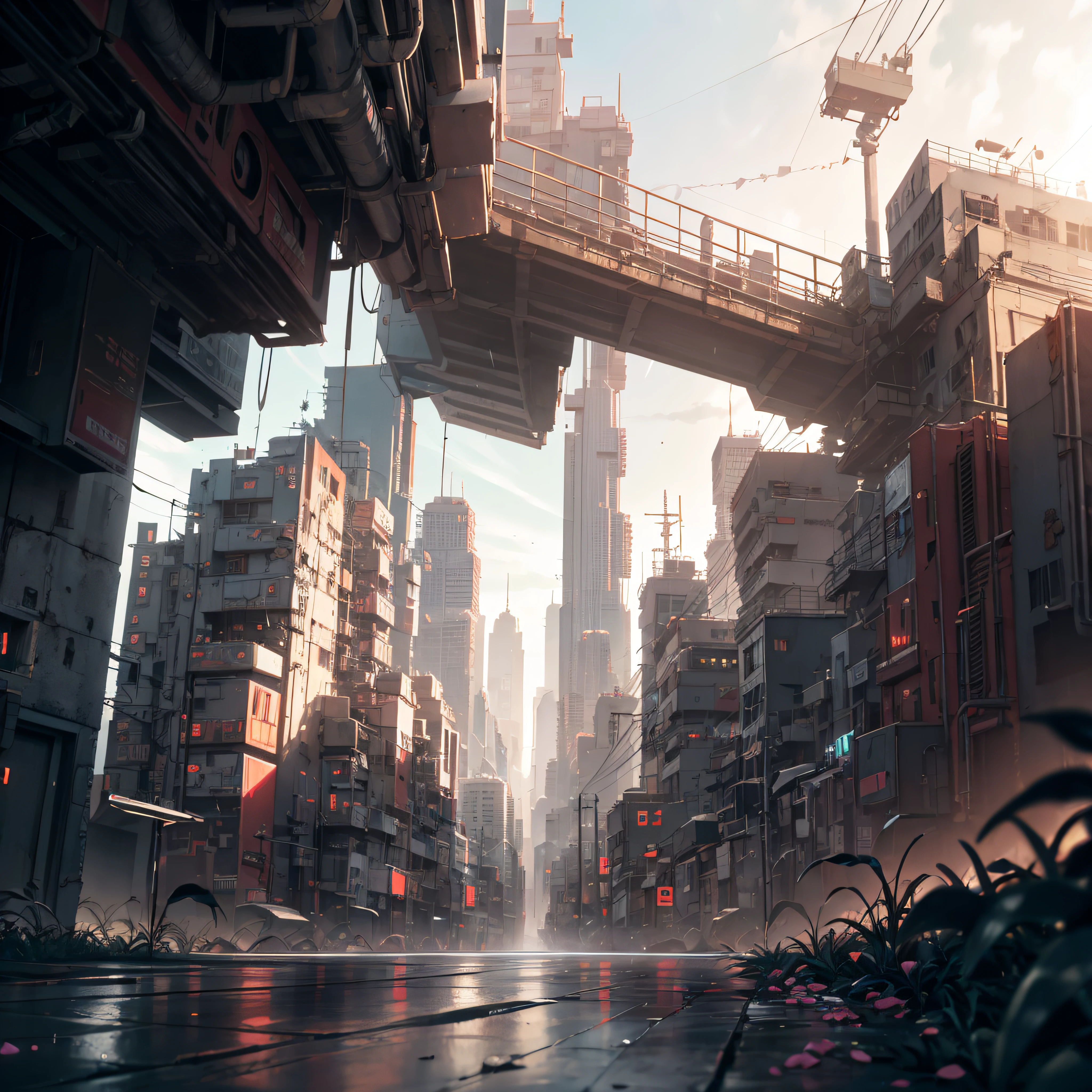 beautiful futuristic city cyberpunk +, fog, wet, raining, best quality masterpiece, photorealistic, detailed, 8k, HDR, shallow depth of field, wide light, high contrast, backlight, flower, light glows, chromatic aberration, sharp focus, RAW color photo --auto